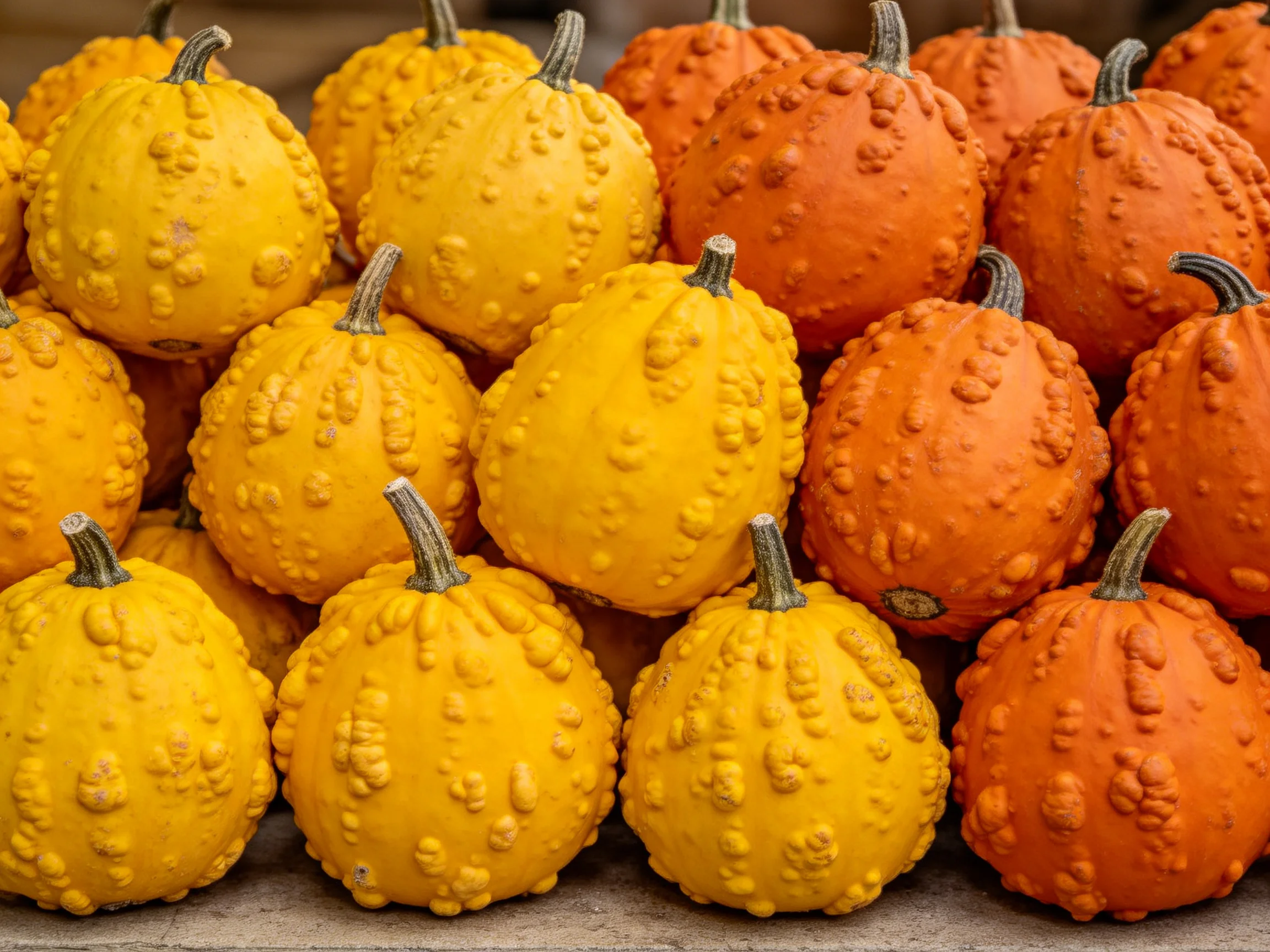 A close arrangement of small, bumpy yellow and orange gourds