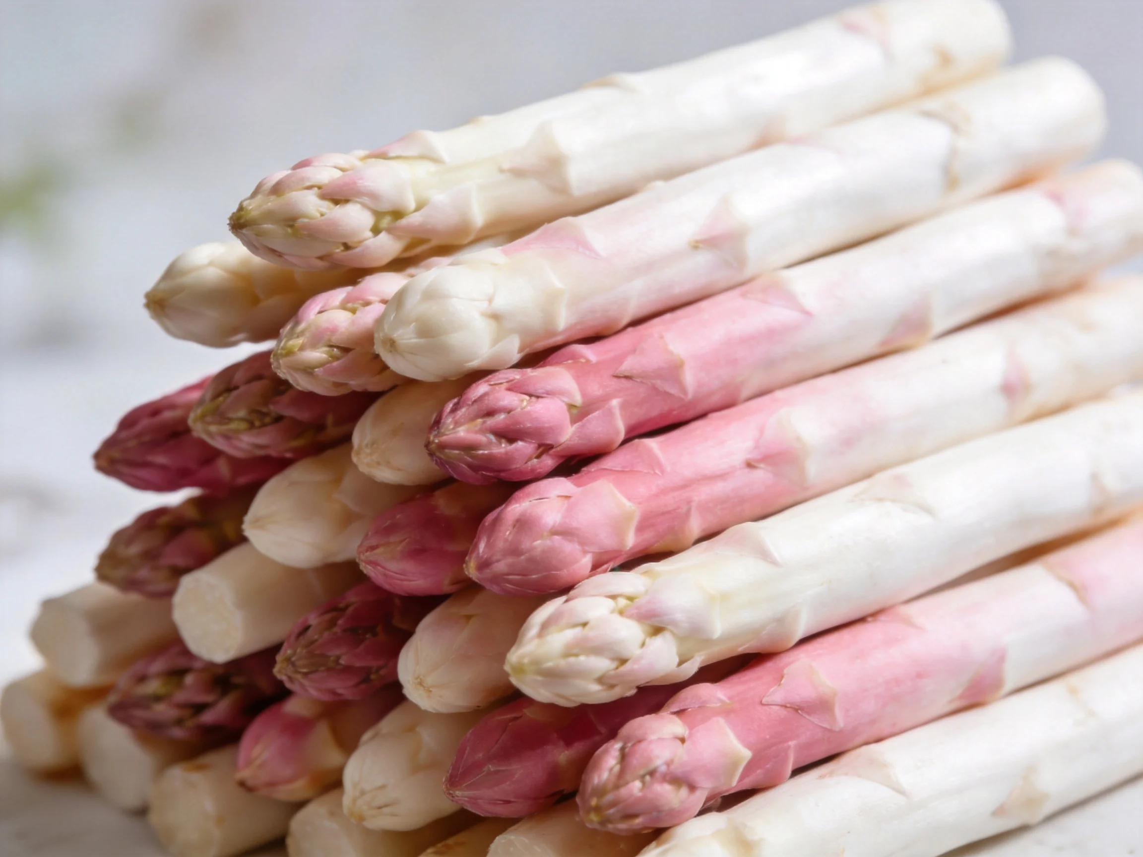 A close-up arrangement of white and pink asparagus spears