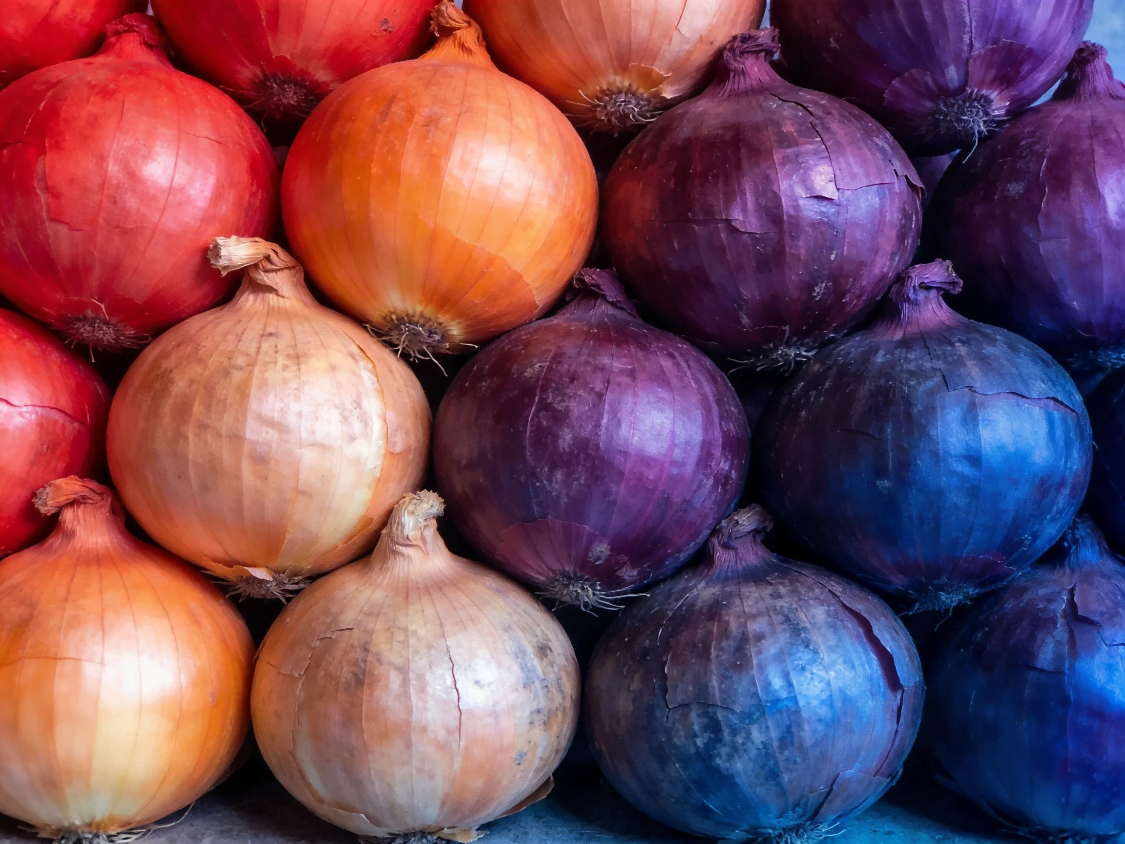 A close - up display of multicolored onions in red, yellow, and purple
