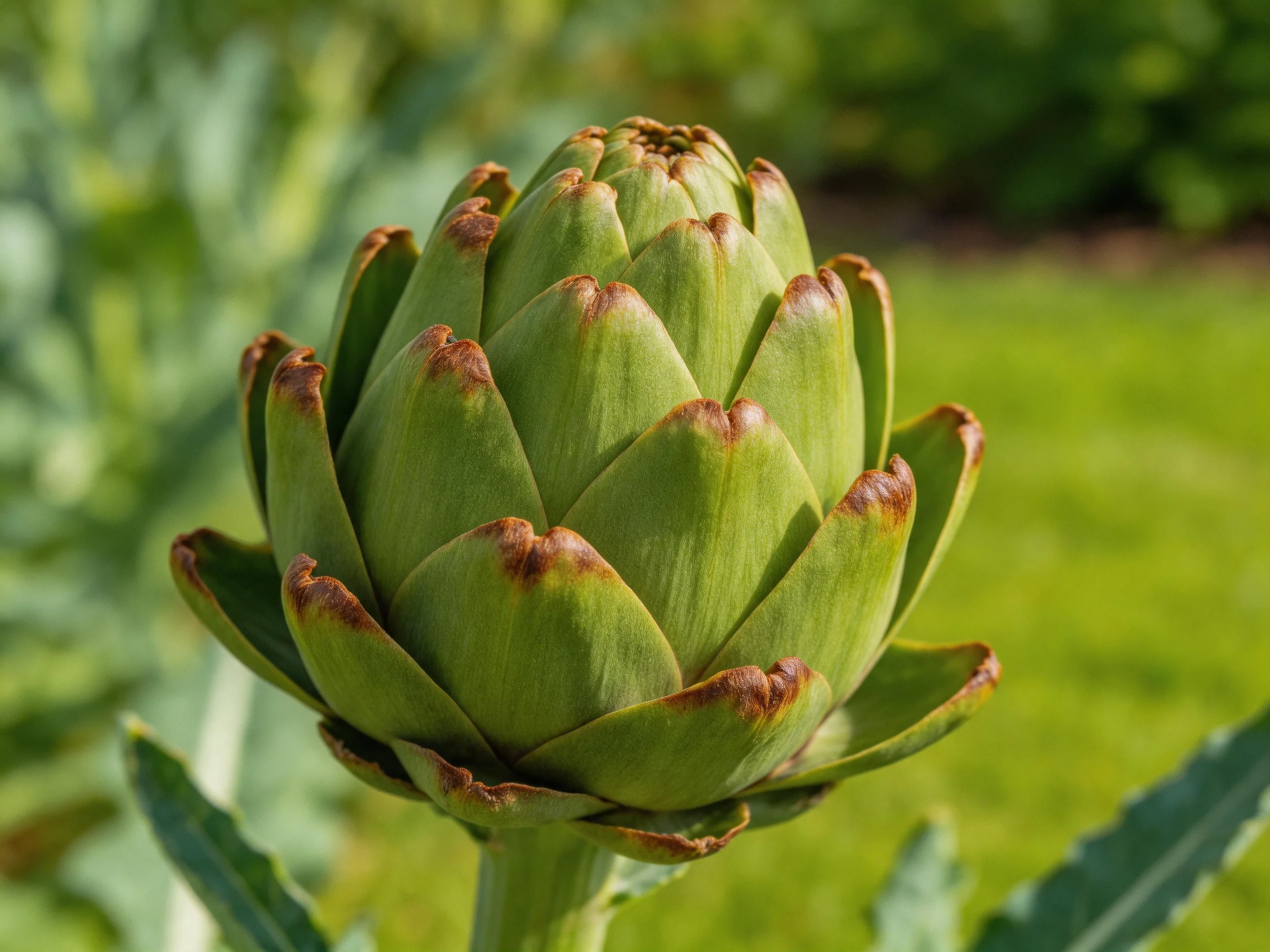 A close-up of a green artichoke bud with brown-tipped petals