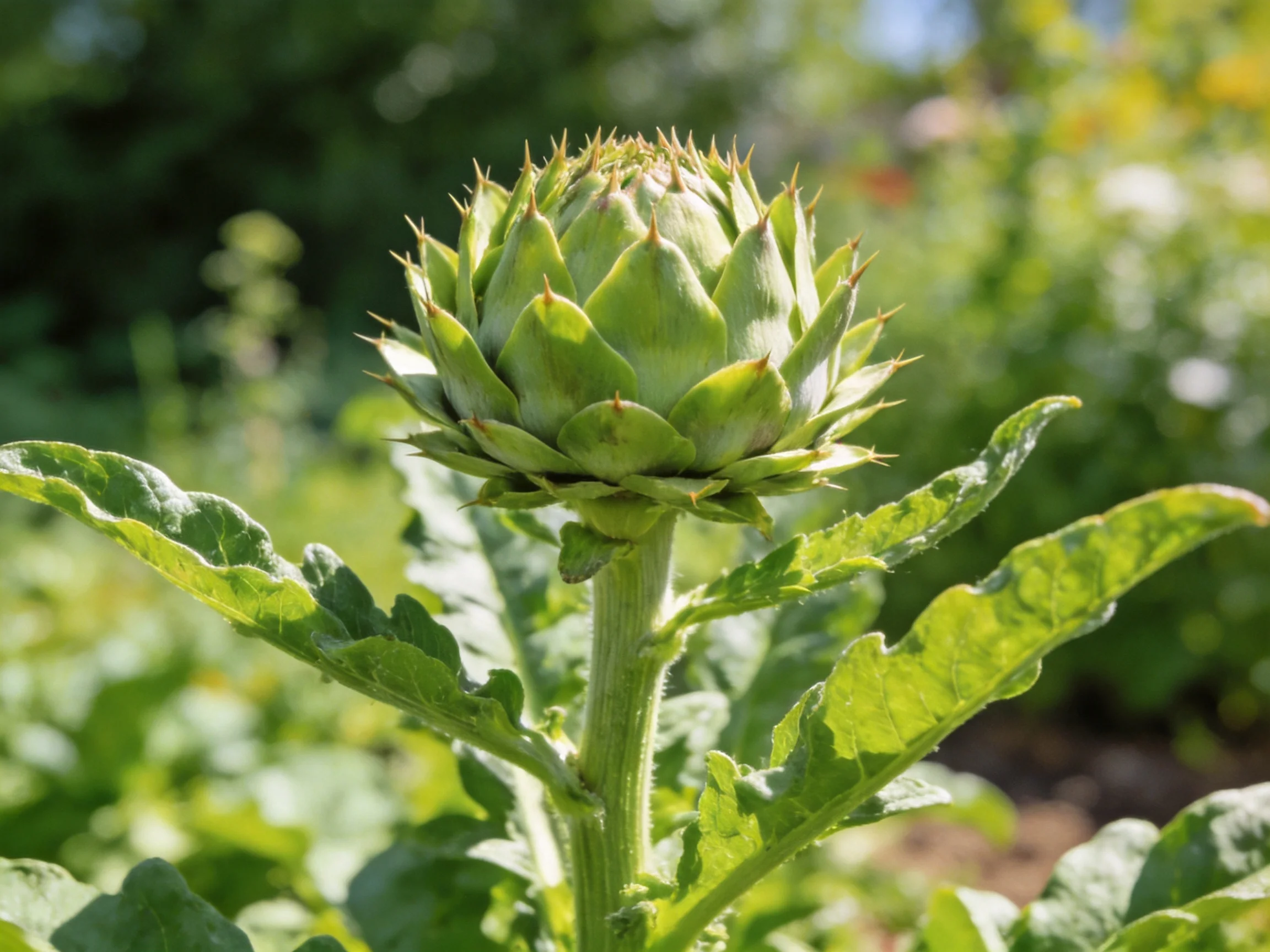 A close - up of a green artichoke bud with spiky petals