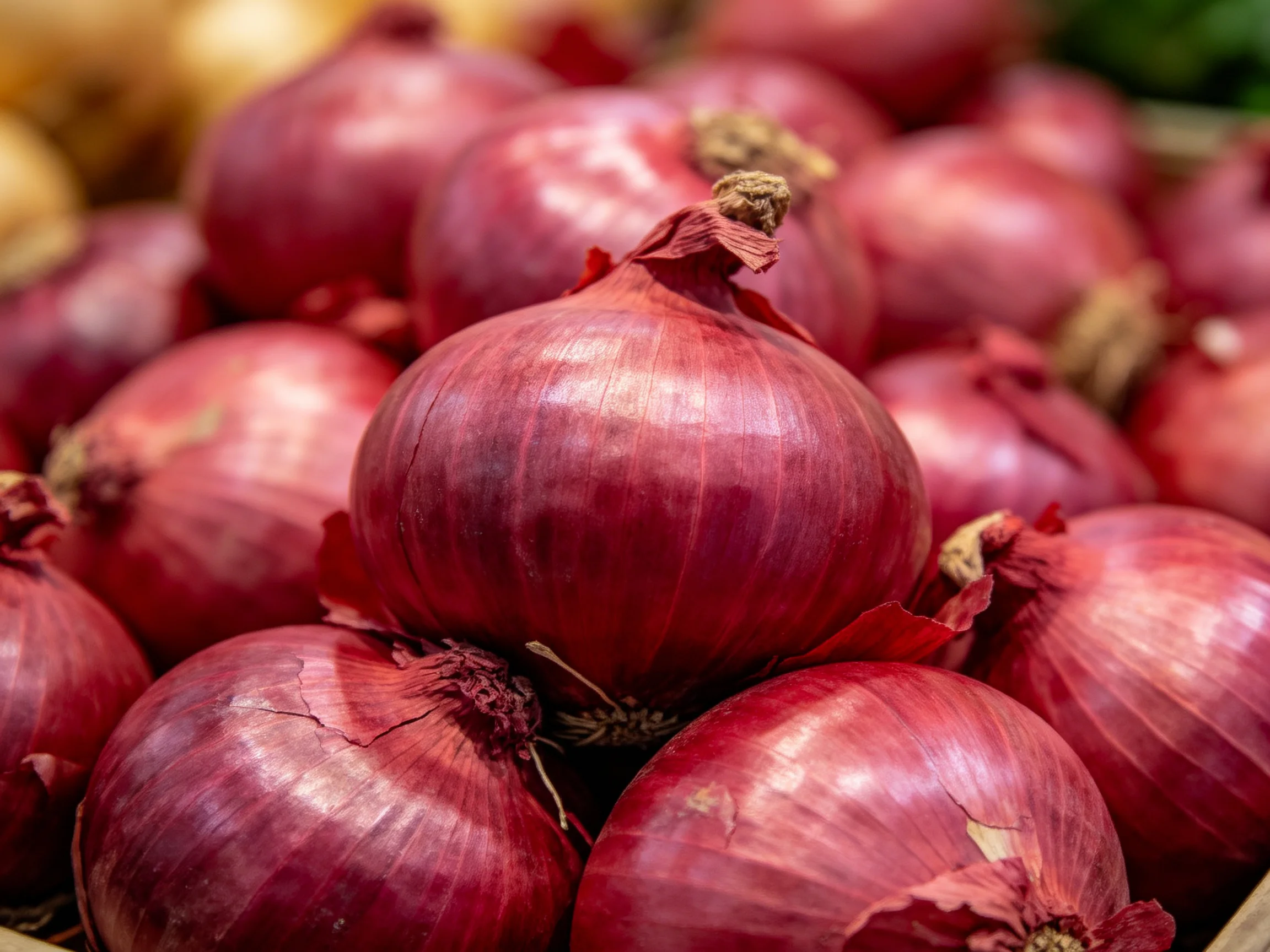 A close-up of numerous vibrant red onions piled together