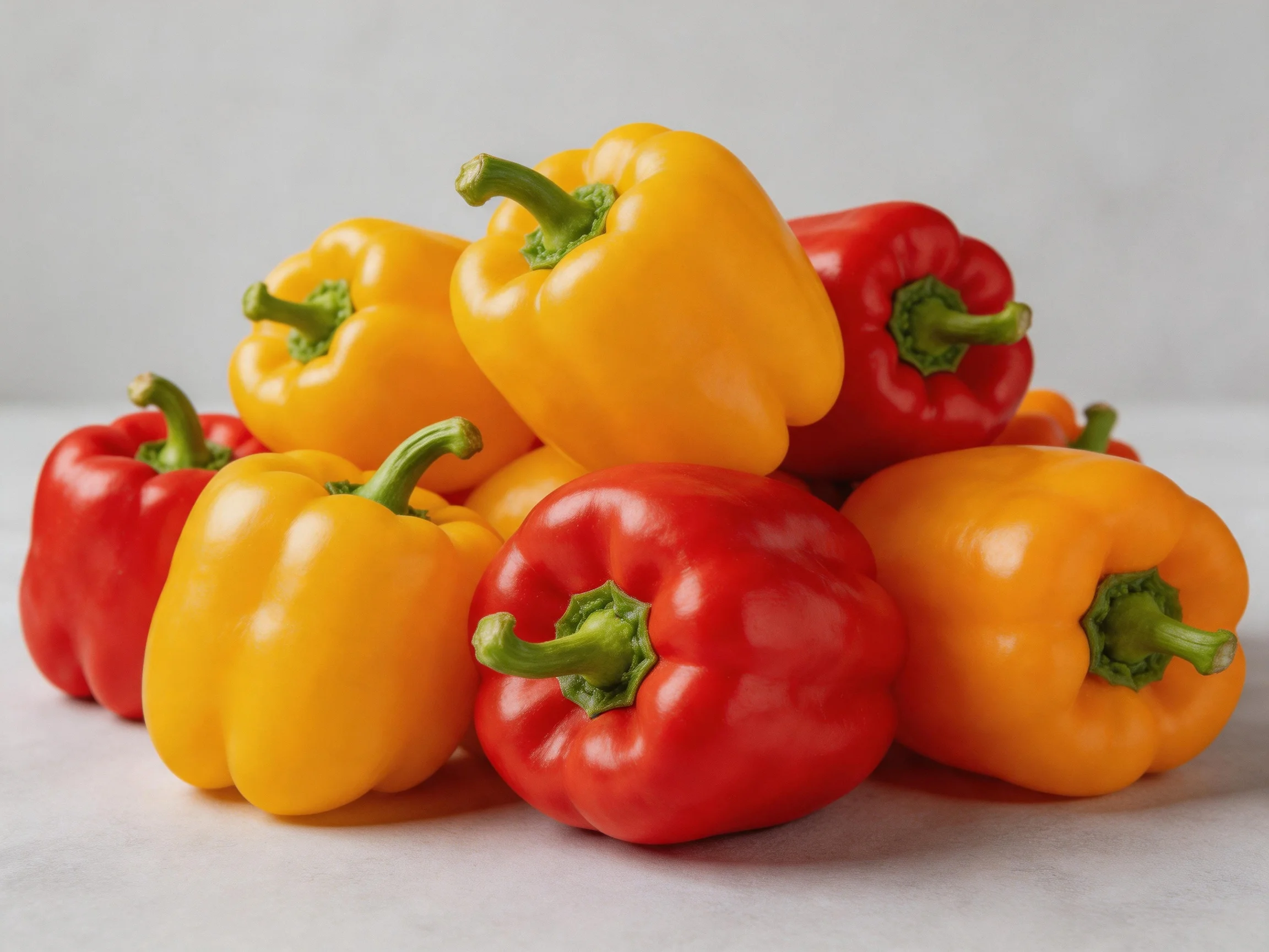 A close - up pile of red and yellow bell peppers with glossy skins