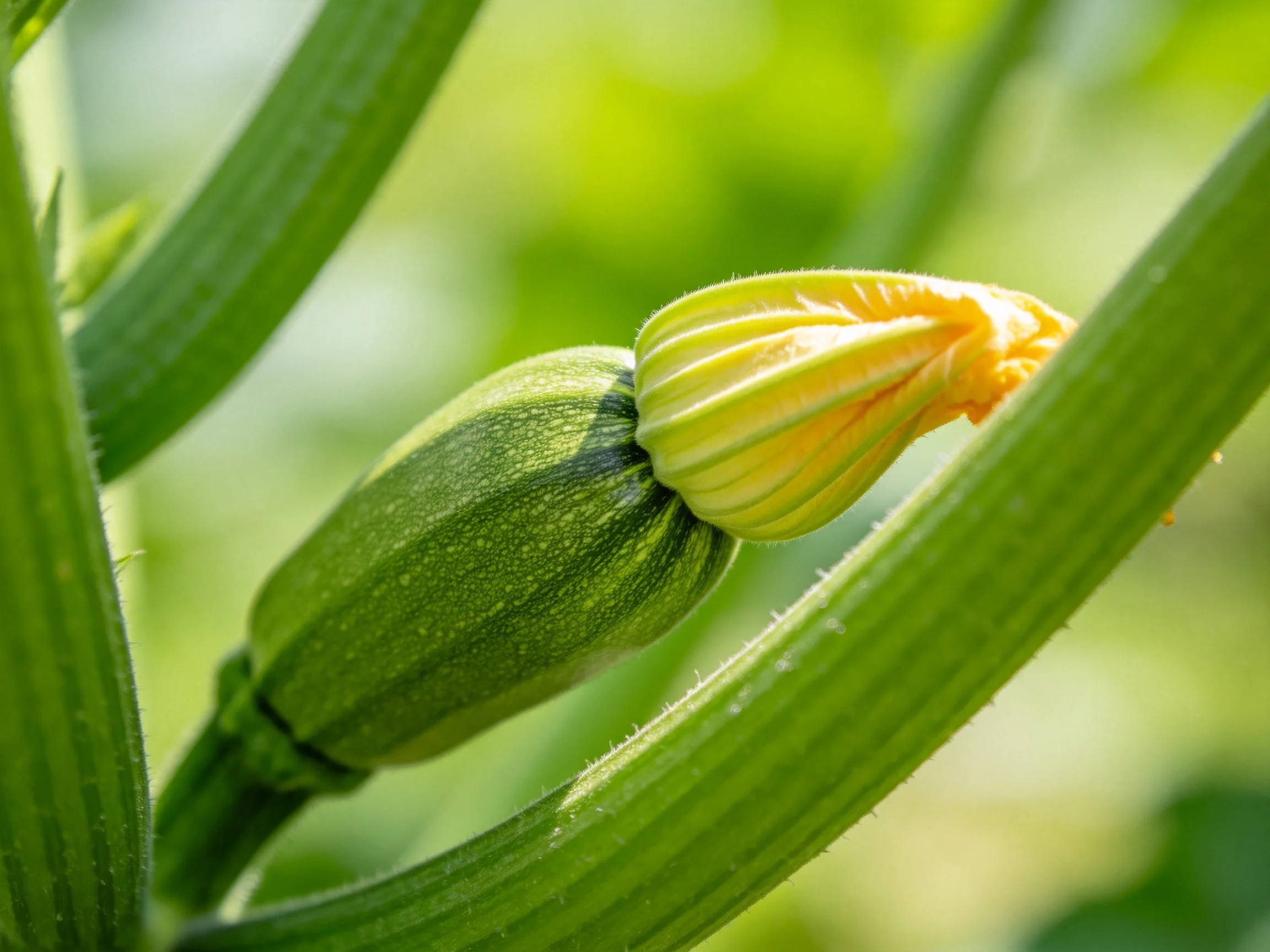 A close - up view of a green zucchini bud with a yellow - green flower bud on a leafy plant
