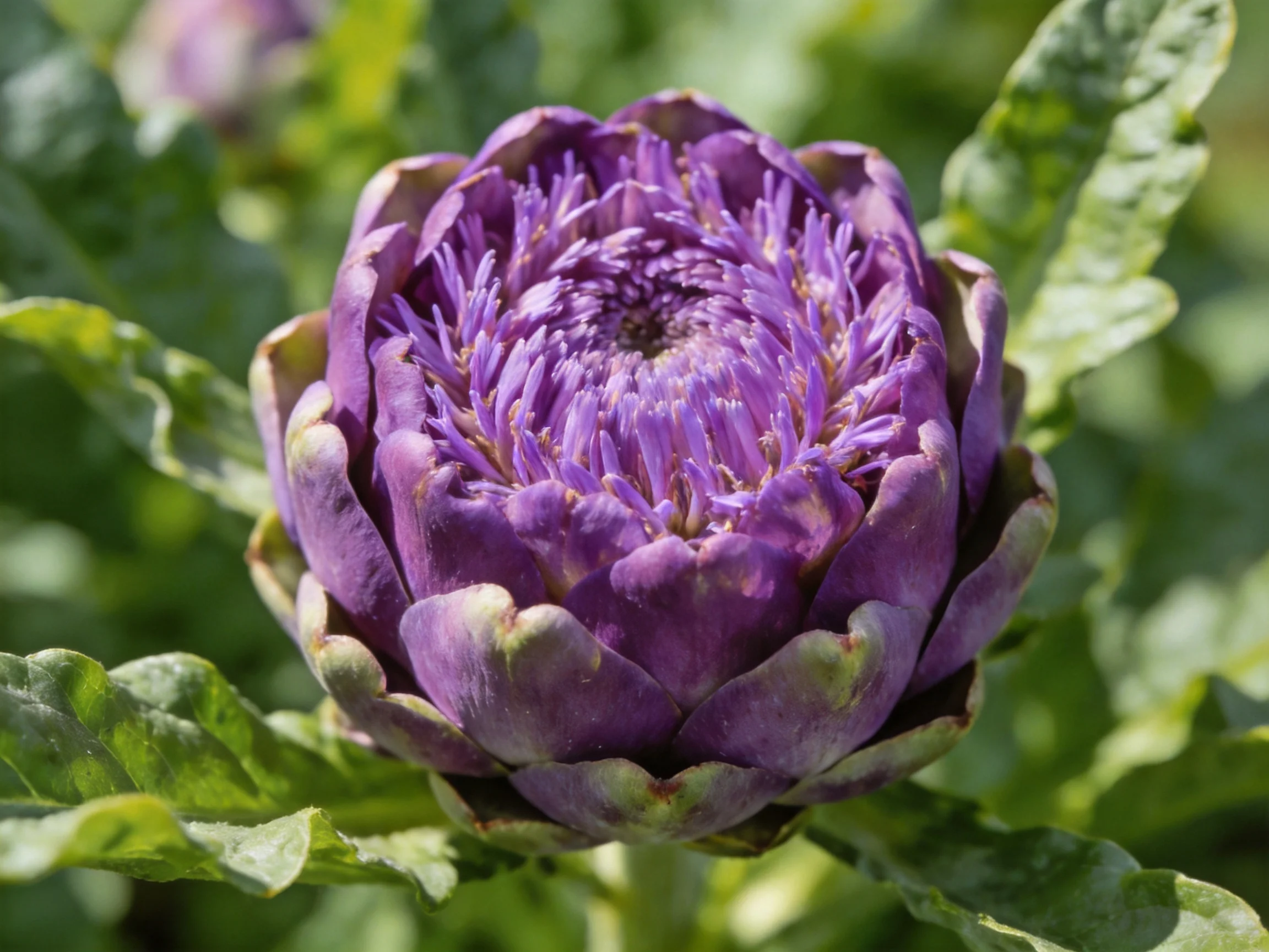 A close - up view of a vibrant purple artichoke bud among green leaves
