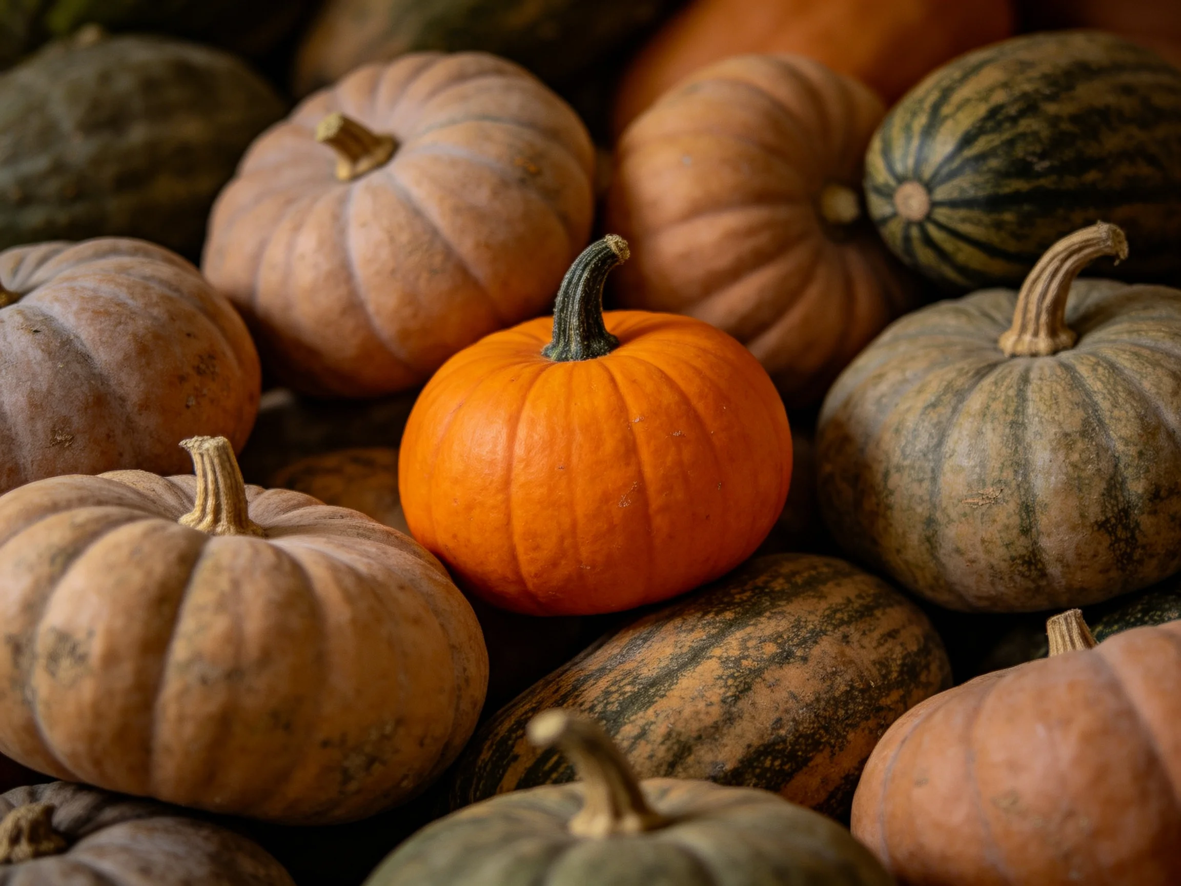 A cluster of assorted gourds with one vibrant orange pumpkin
