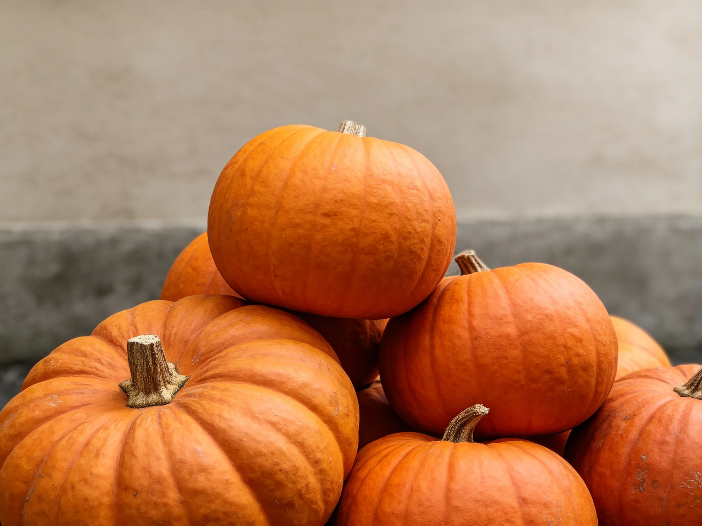 A cluster of bright orange pumpkins stacked in a casual grouping
