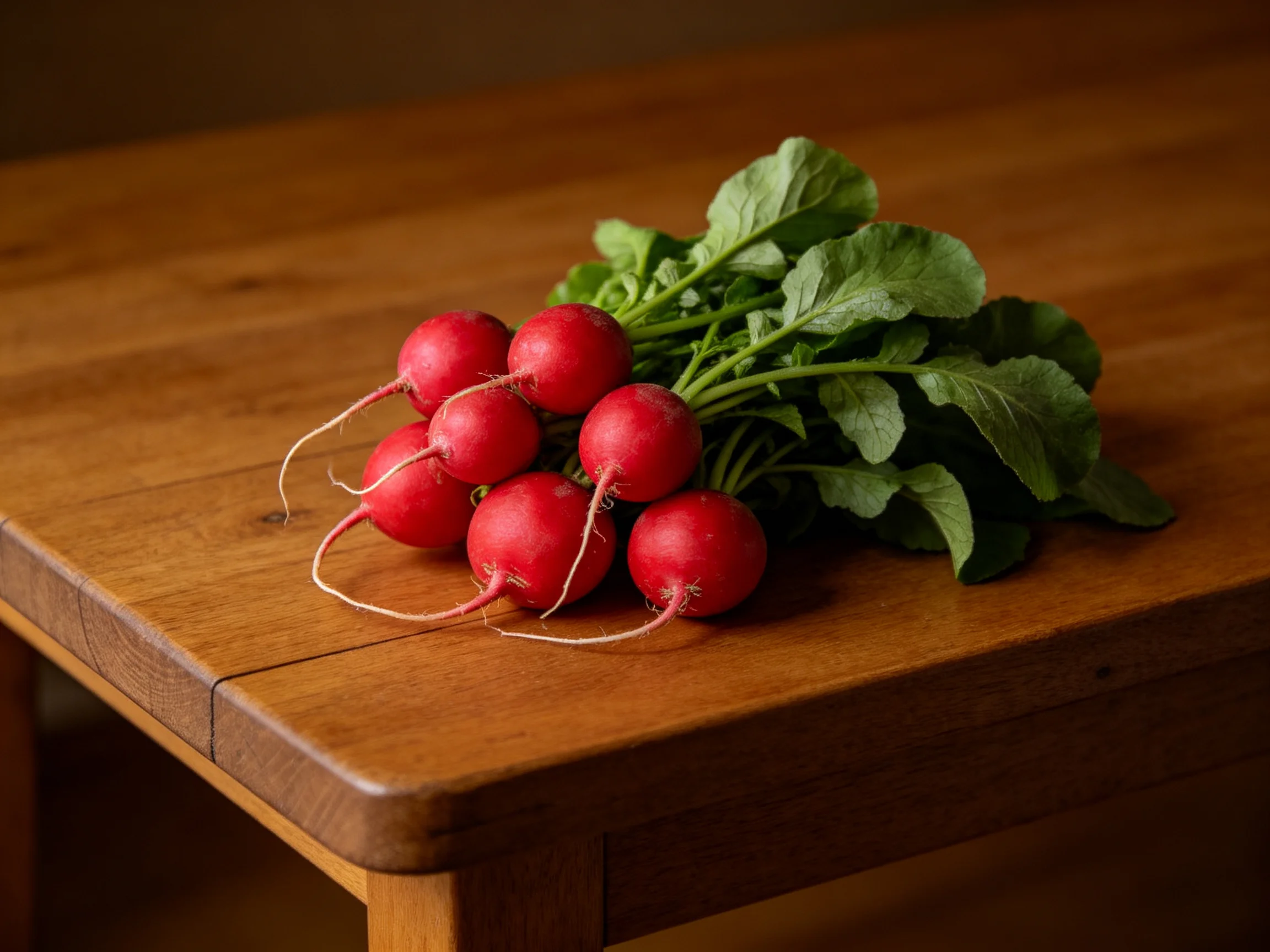 A cluster of bright red radishes with green foliage placed on a polished wooden table