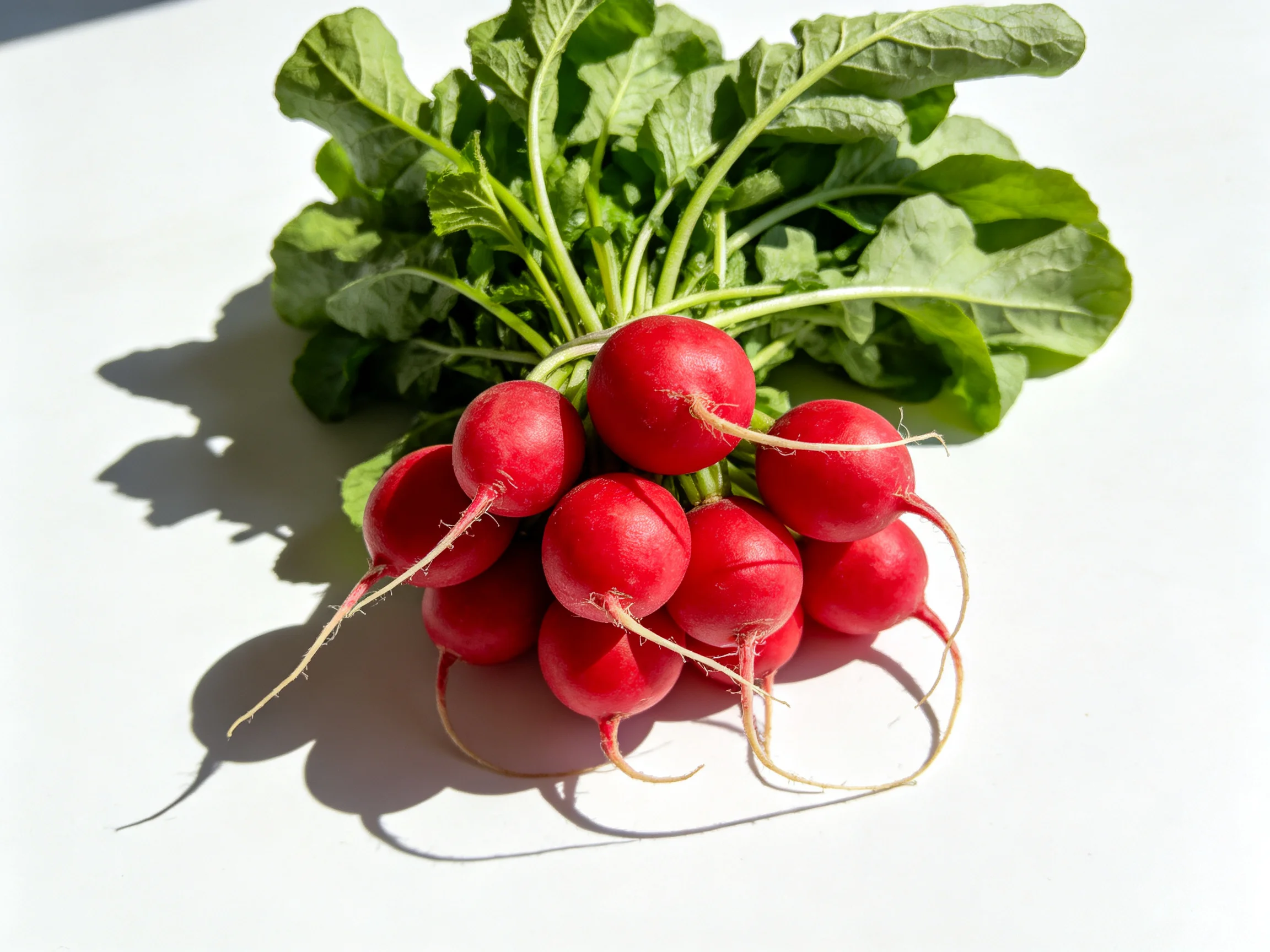 A cluster of bright red radishes with lush green leaves