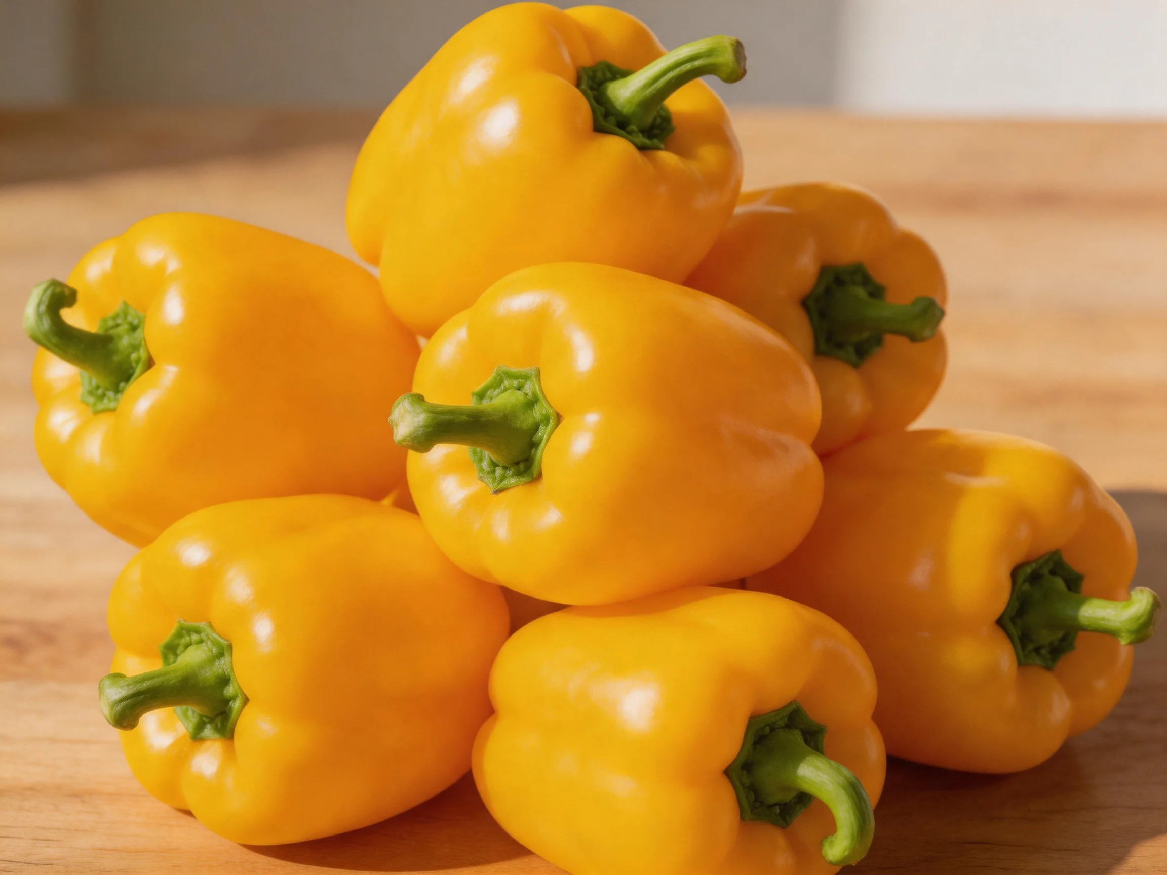 A cluster of bright yellow bell peppers arranged on a wooden surface