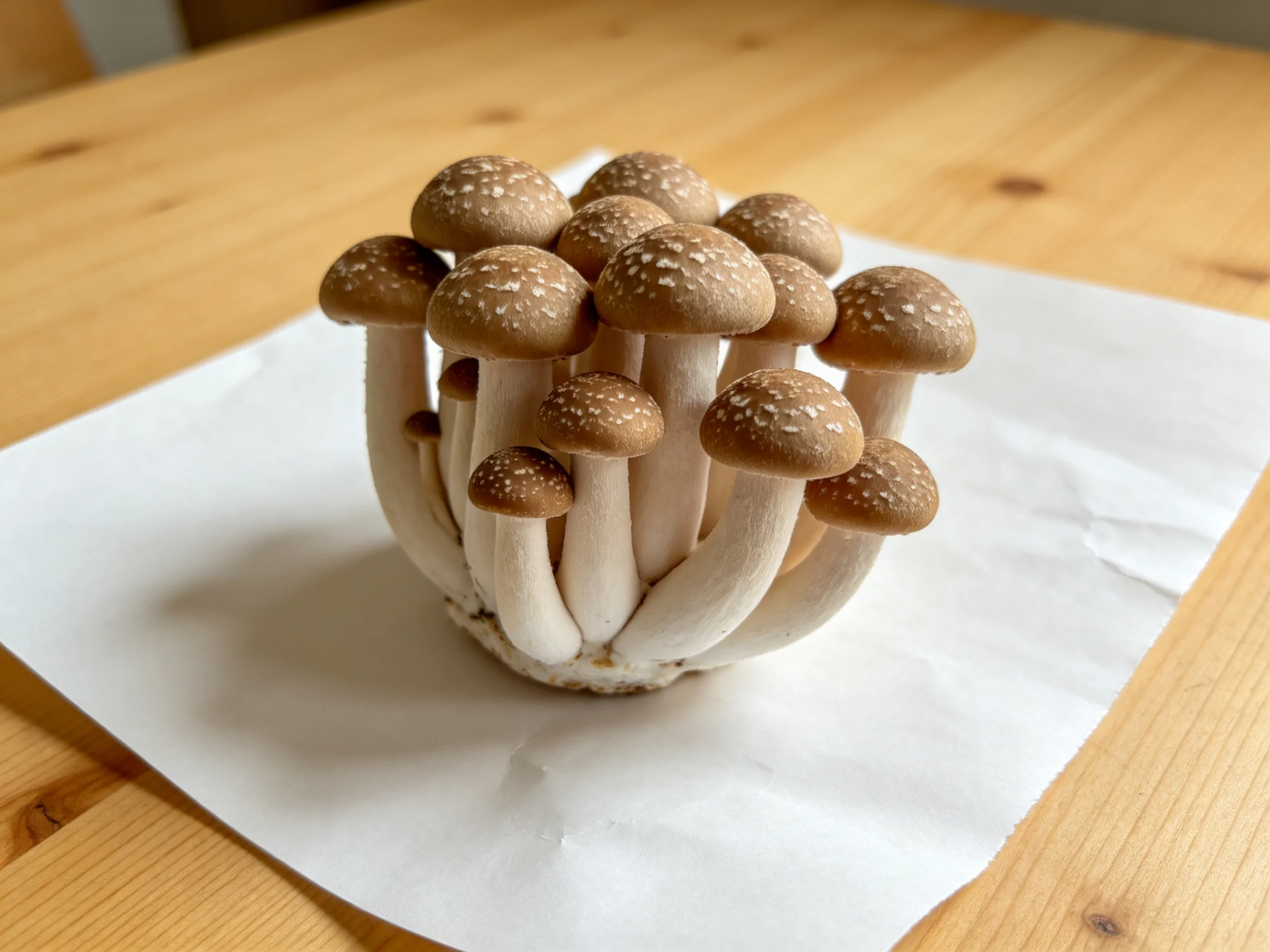 A cluster of brown-capped mushrooms grouped on a white paper atop a wooden table
