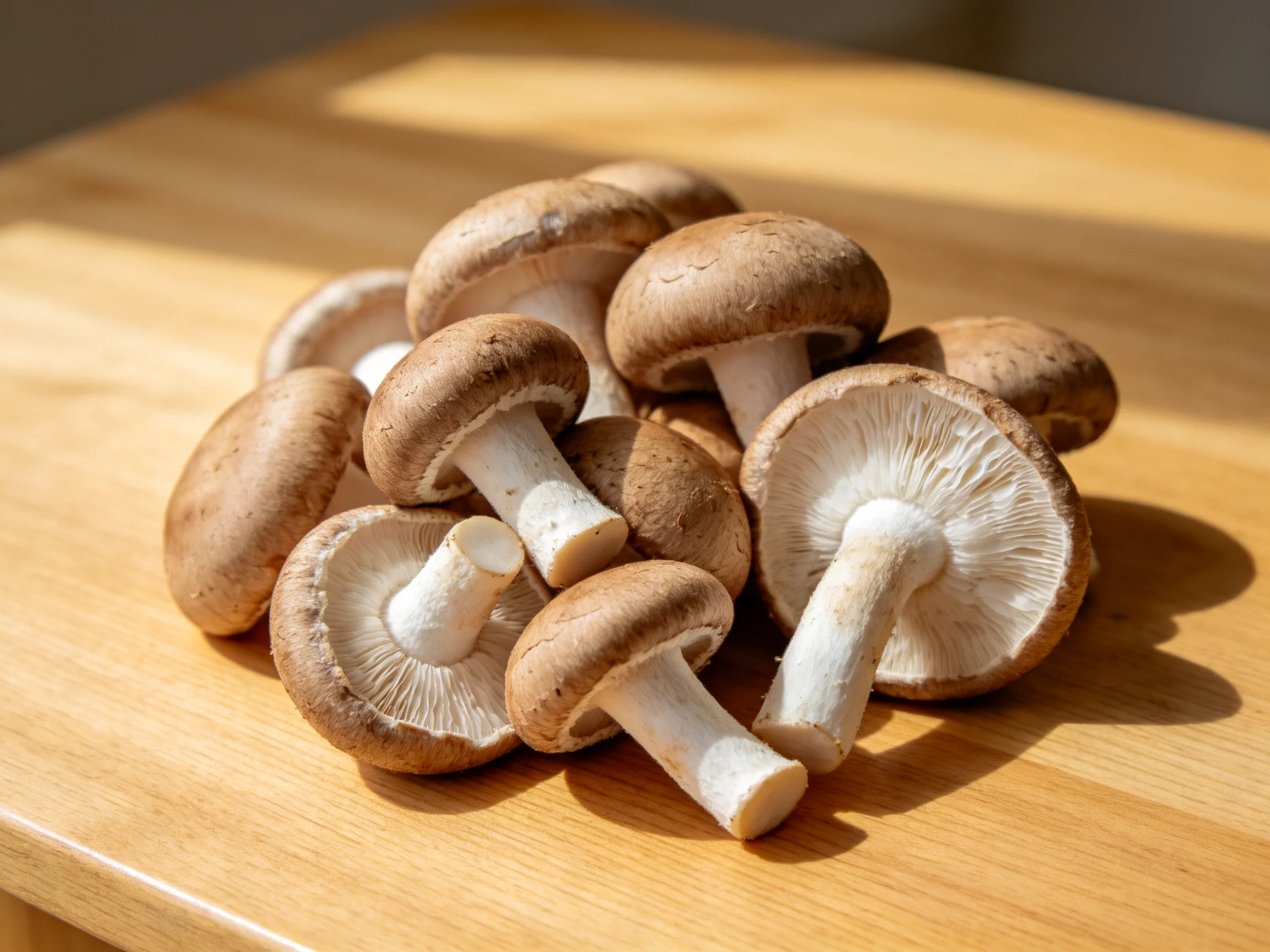 A cluster of brown-capped mushrooms rests on a light wooden surface