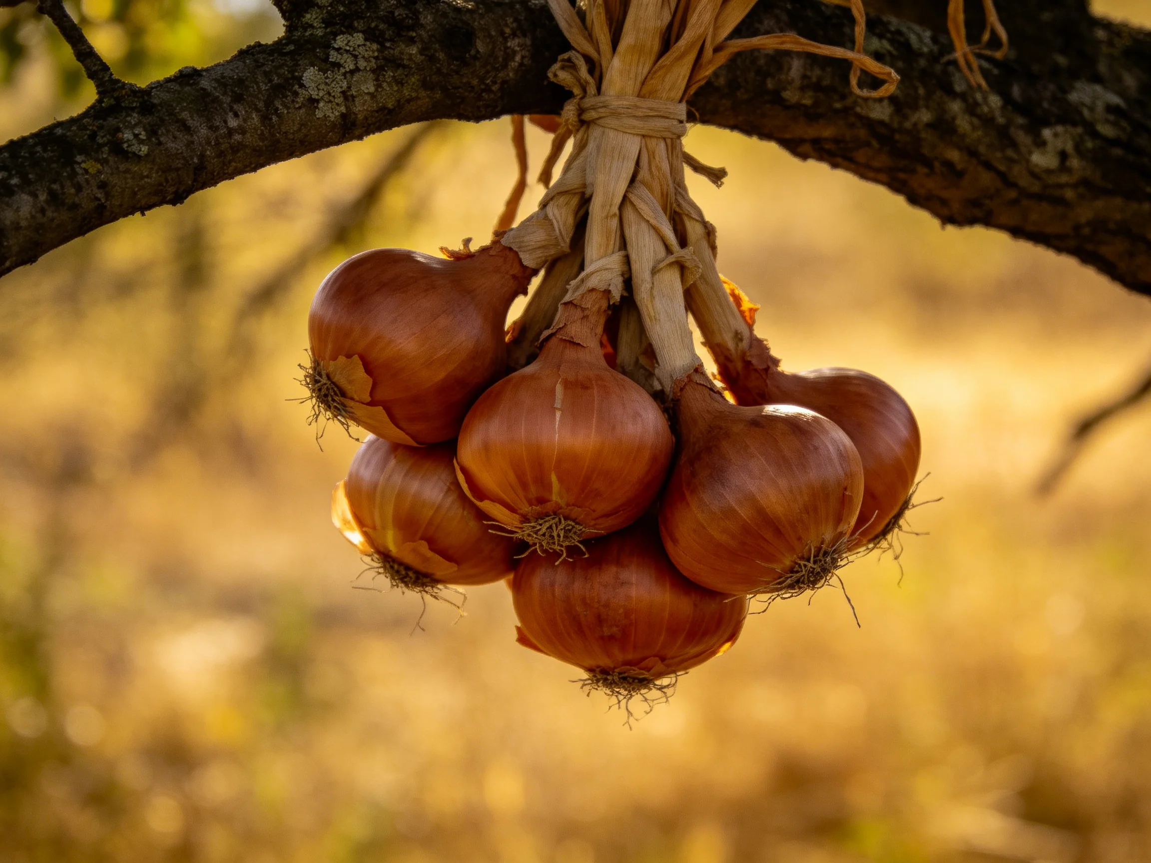 A cluster of brown onions hangs from a dark tree branch in golden light