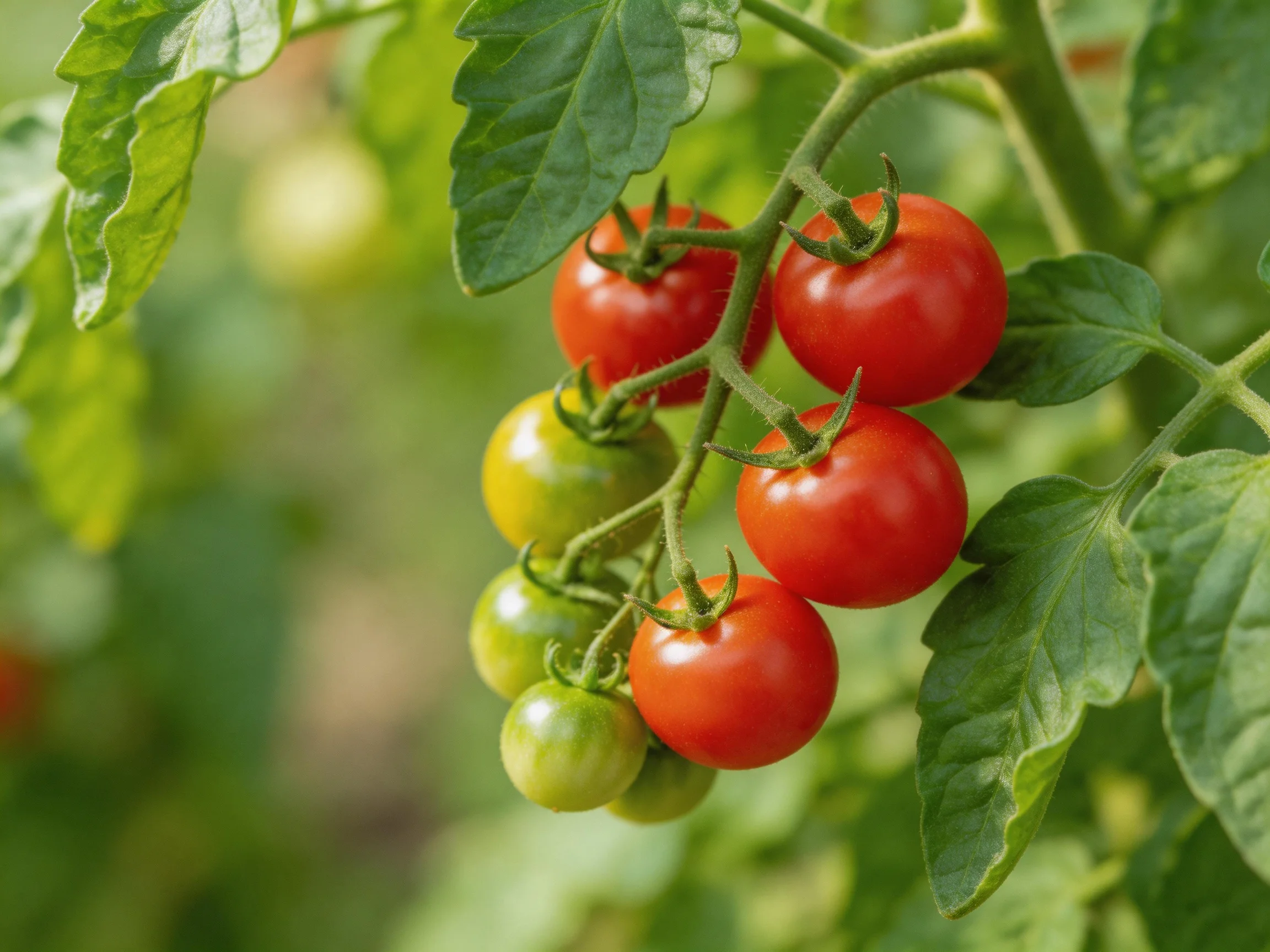 A cluster of cherry tomatoes, three red and two green, growing on a leafy vine