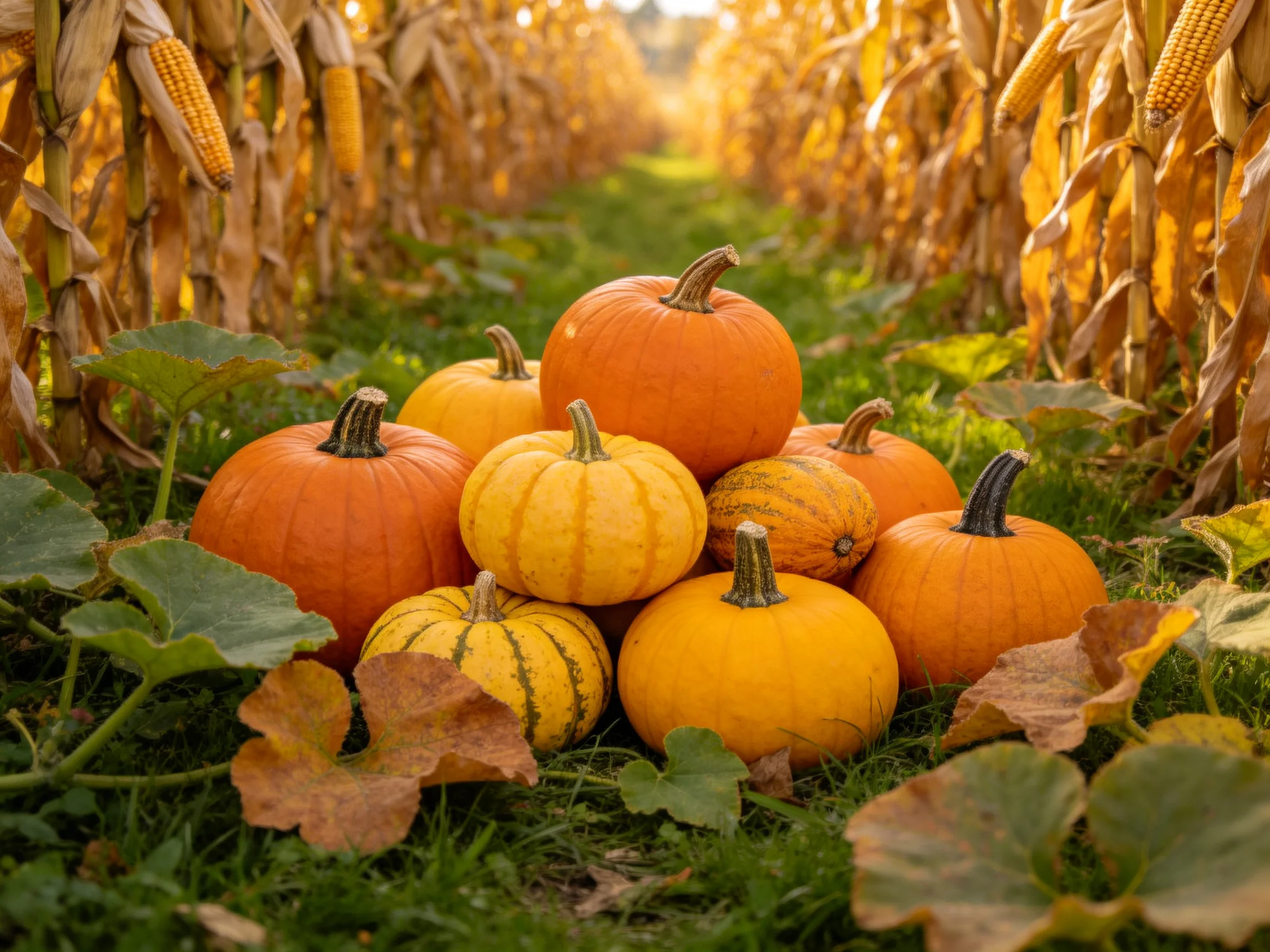 A cluster of colorful pumpkins surrounded by cornfield rows in autumn