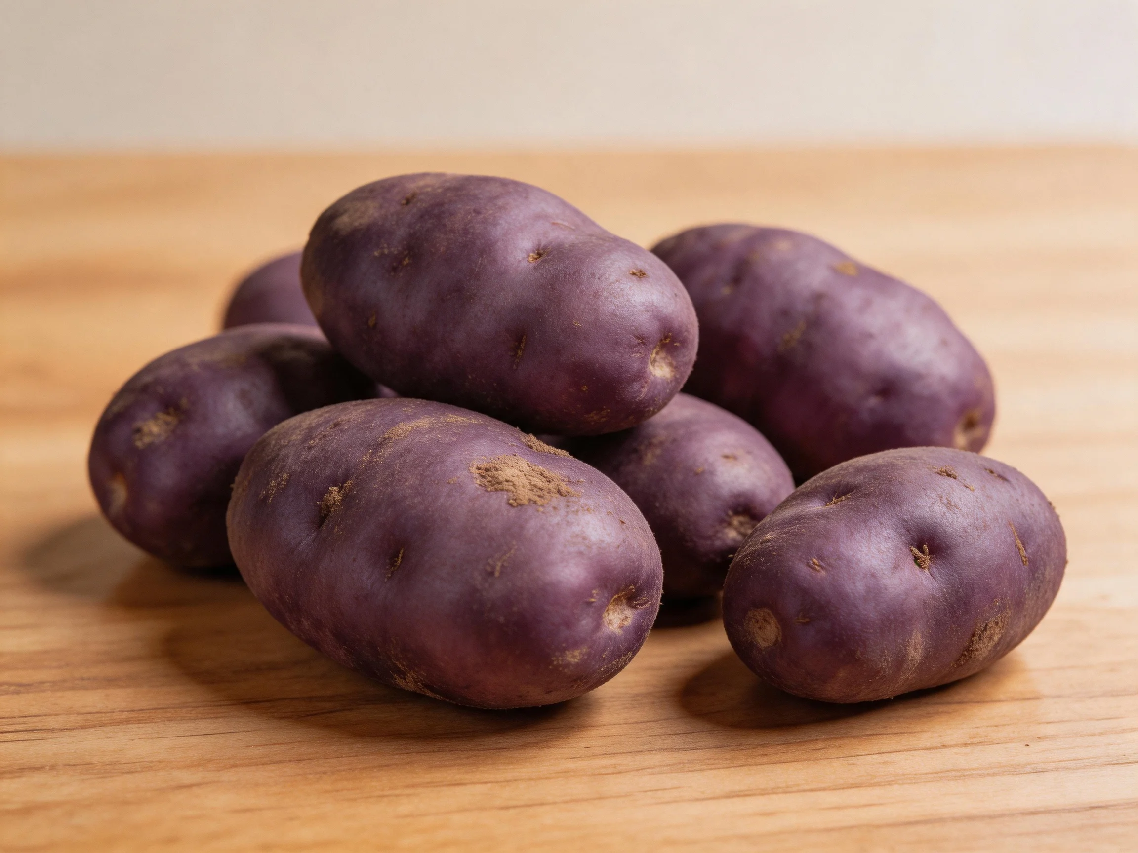 A cluster of deep purple potatoes arranged on a wooden surface
