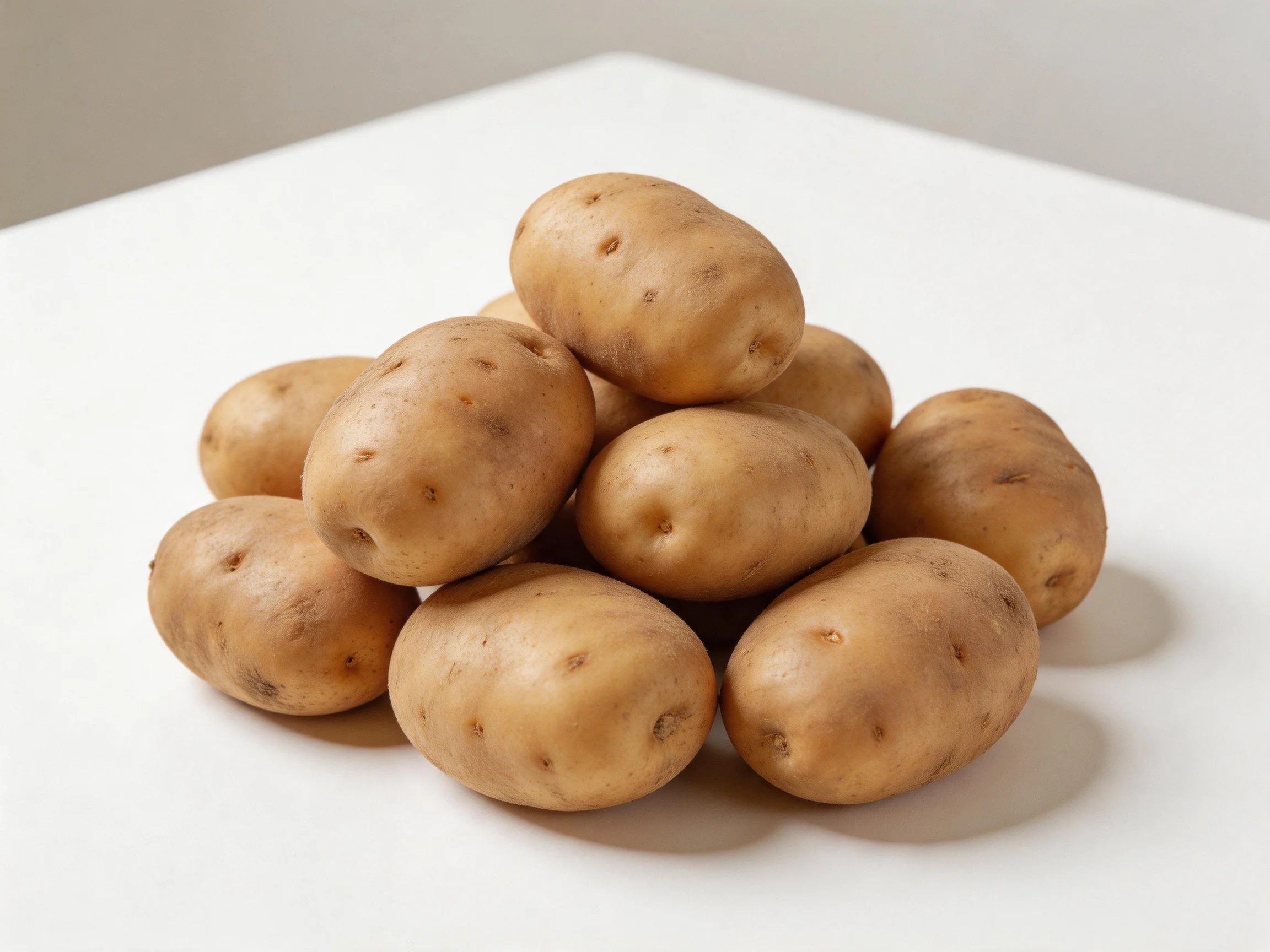 A cluster of earth-toned potatoes stacked on a white surface
