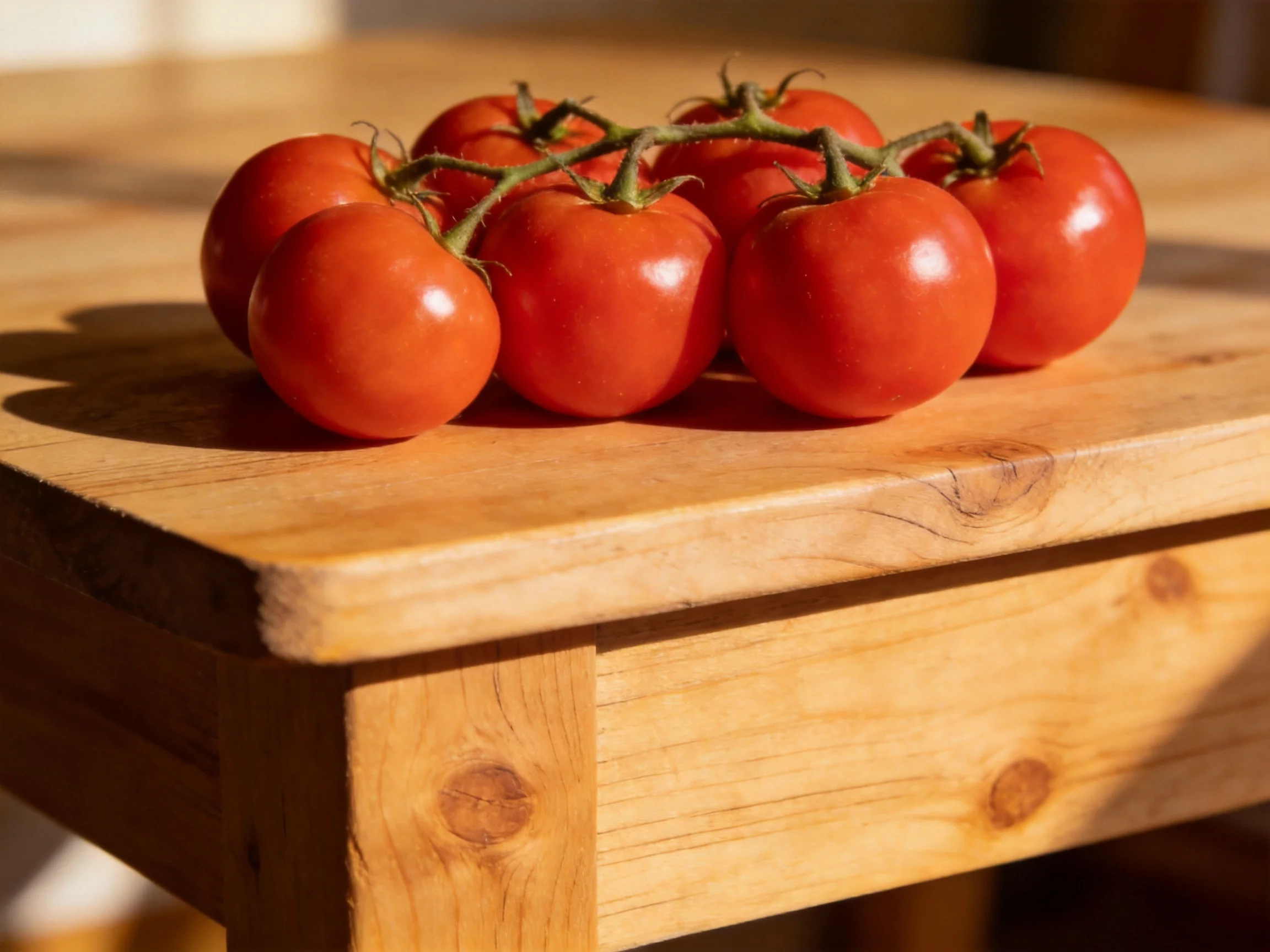 A cluster of eight glossy red cherry tomatoes on a wooden surface