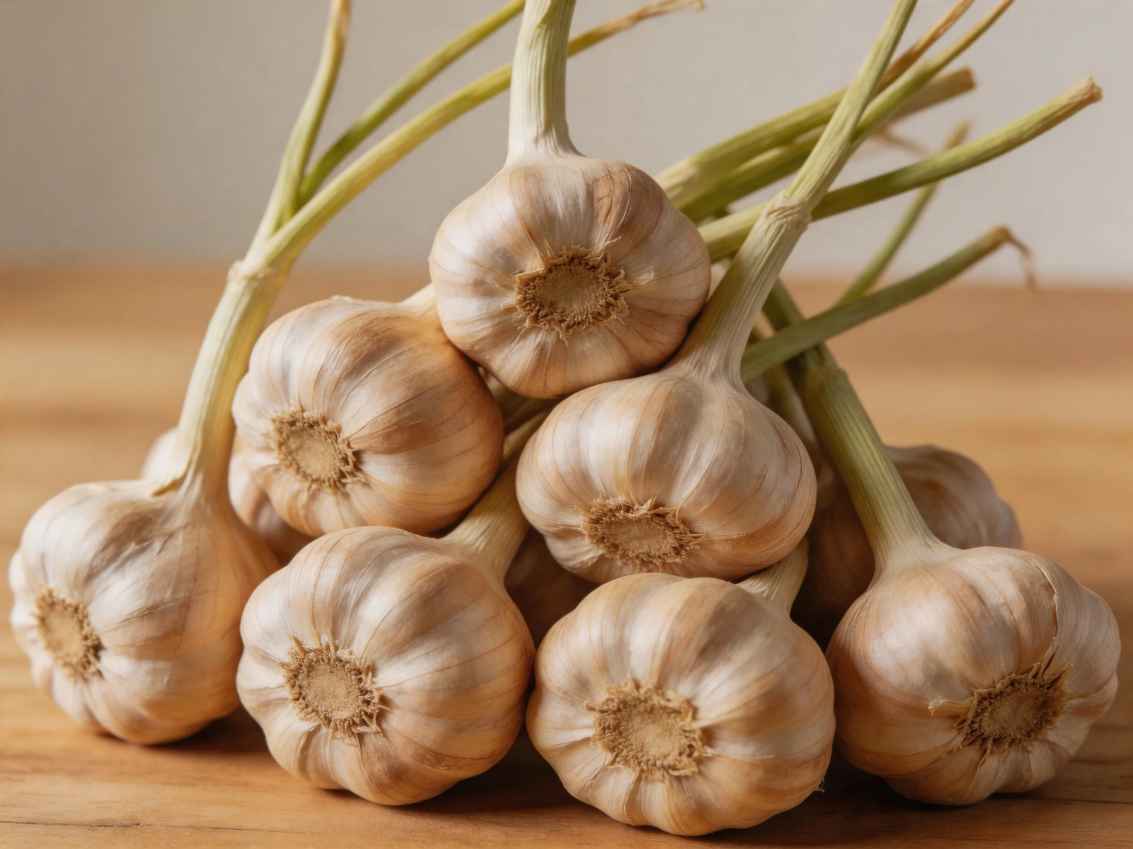 A cluster of fresh garlic bulbs with long green stems on a wooden surface