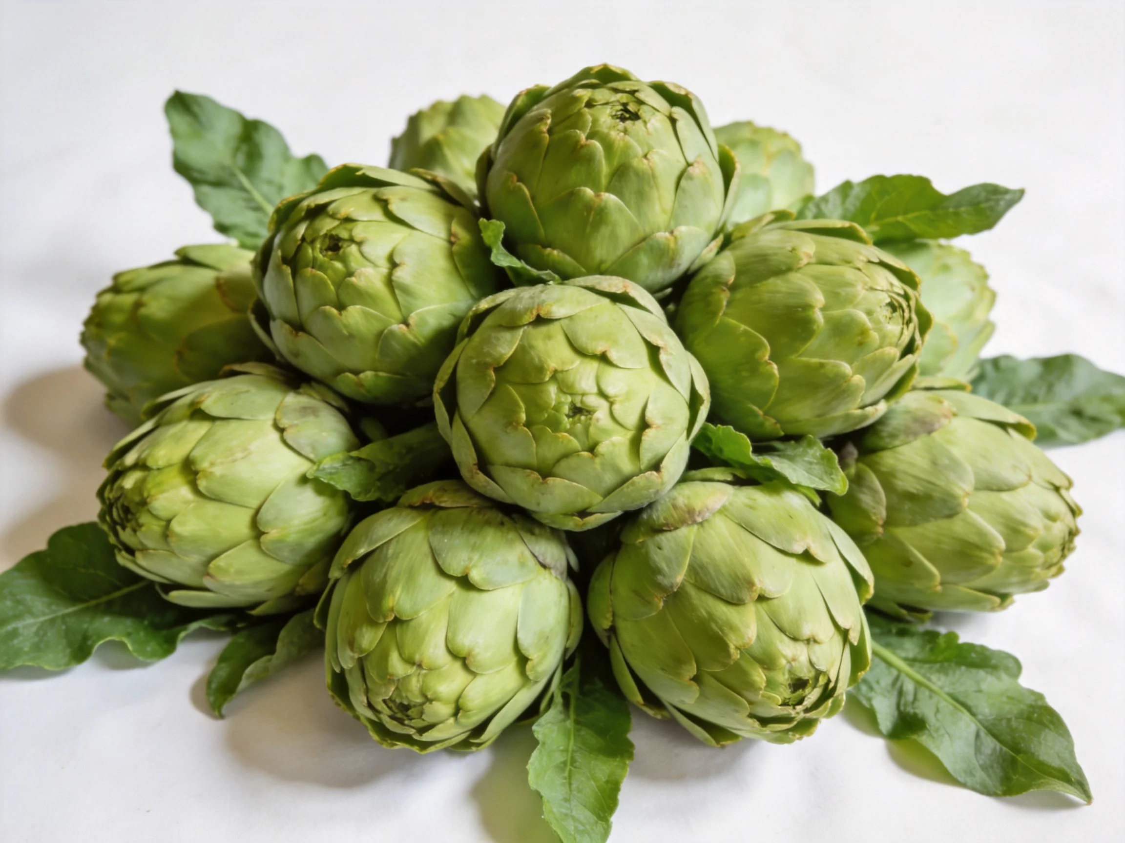 A cluster of fresh green artichokes surrounded by leafy greens
