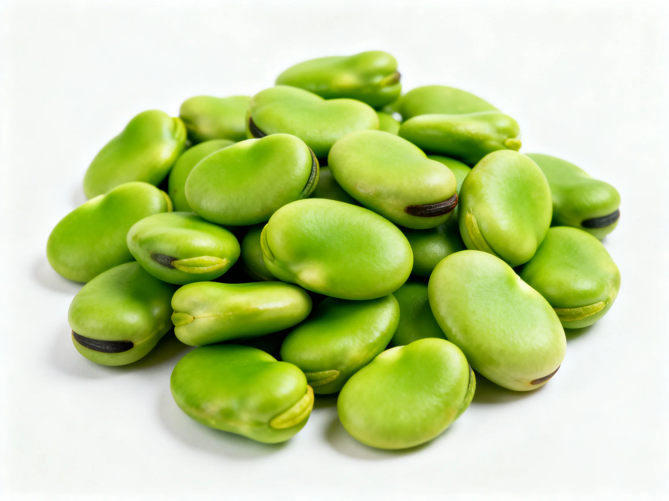 A cluster of fresh green broad beans on a white background