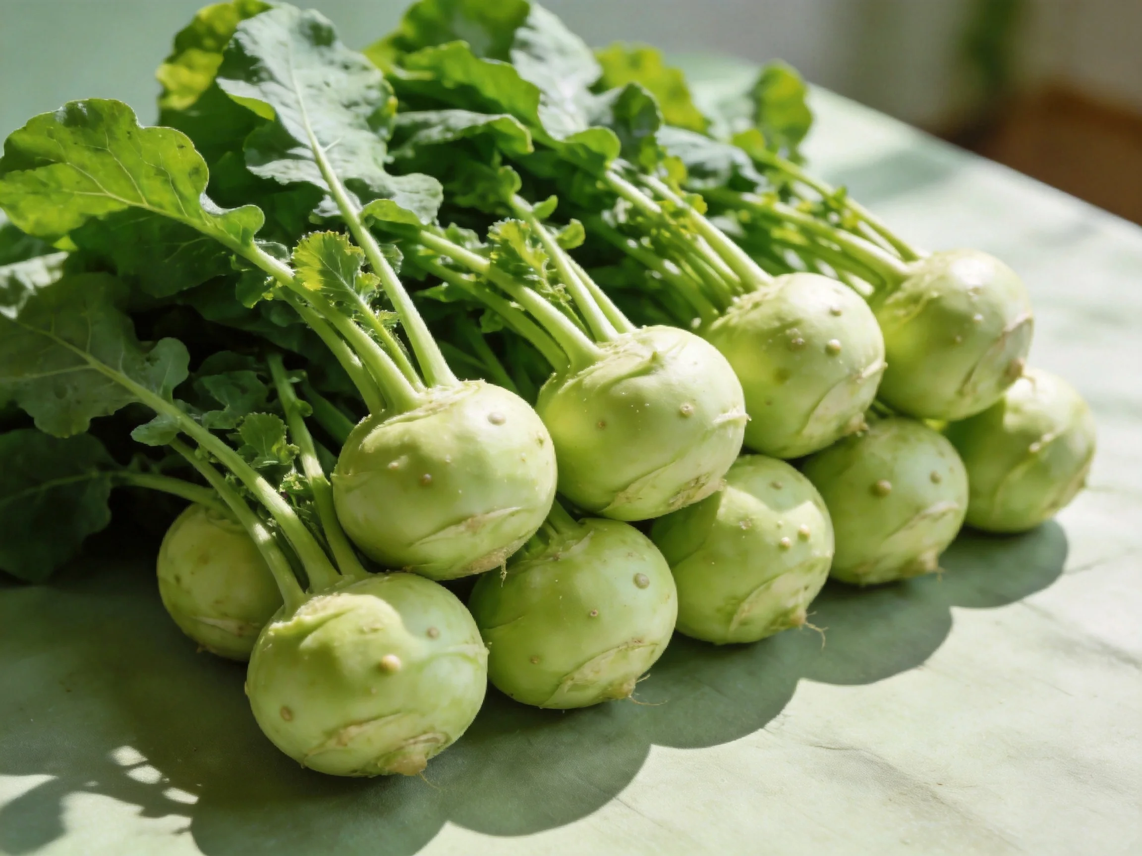 A cluster of fresh green kohlrabi bulbs with leafy stems on a light surface