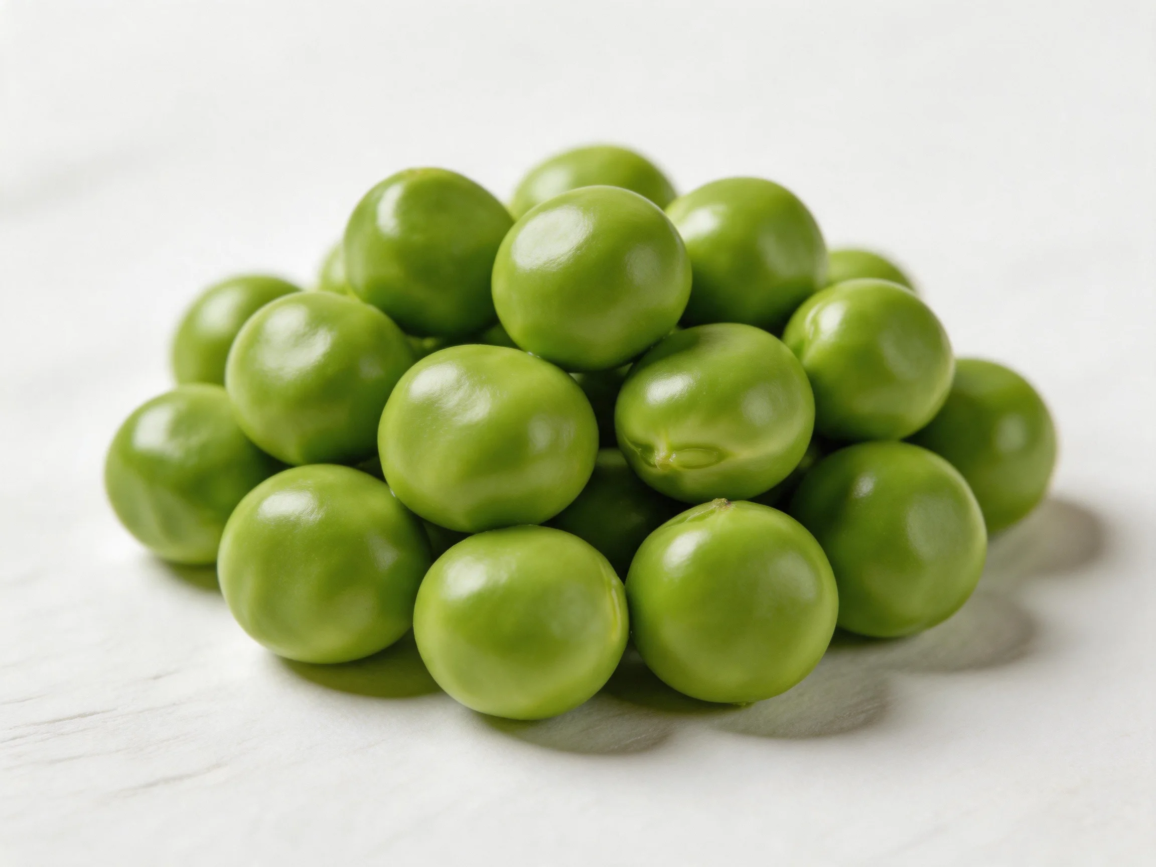 Fresh green peas are clustered into a rounded mound.