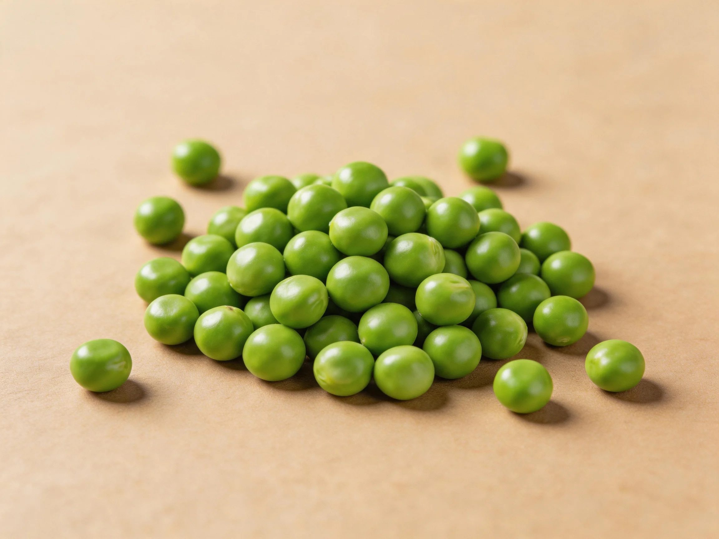 A cluster of fresh green peas scattered on a brown surface
