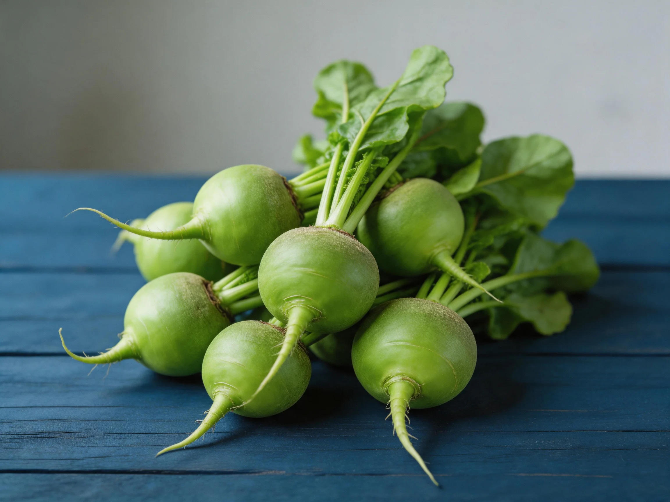 A cluster of fresh green round root vegetables with leafy tops on a blue wooden surface