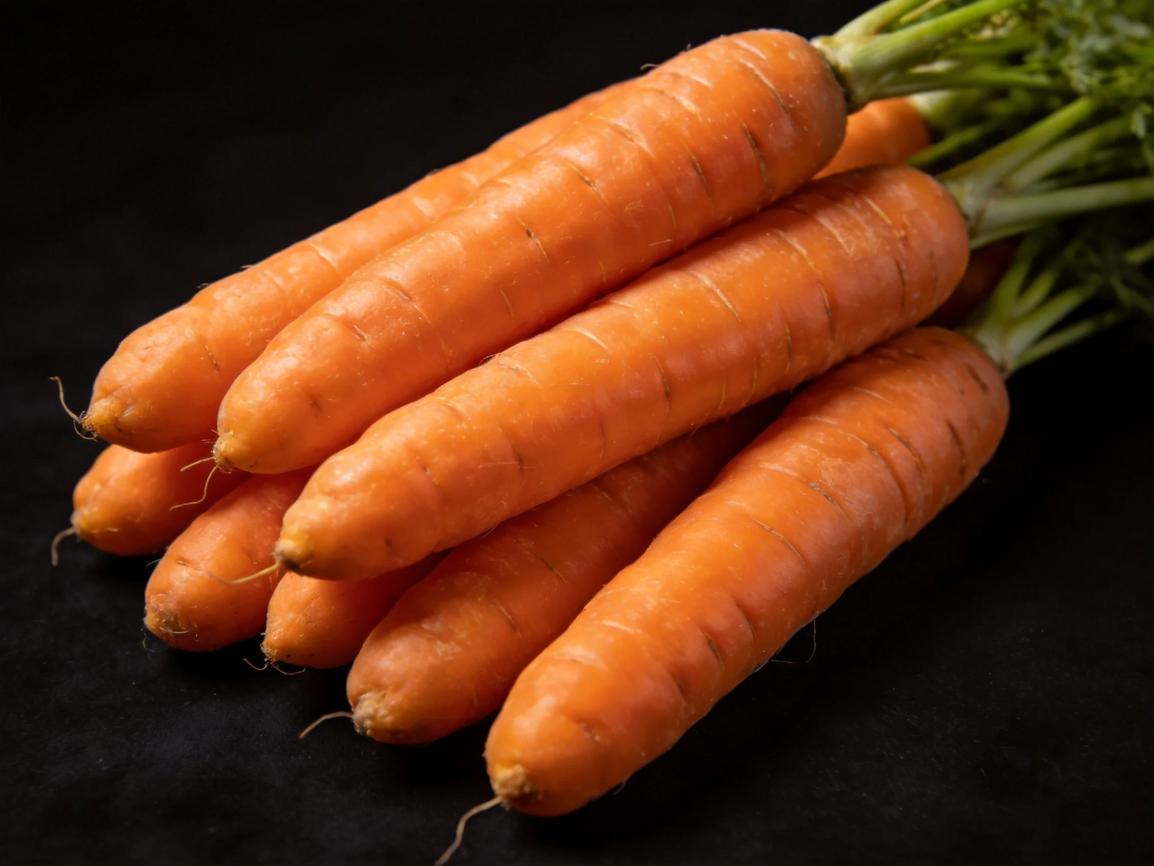 A cluster of fresh orange carrots with green tops on a dark surface