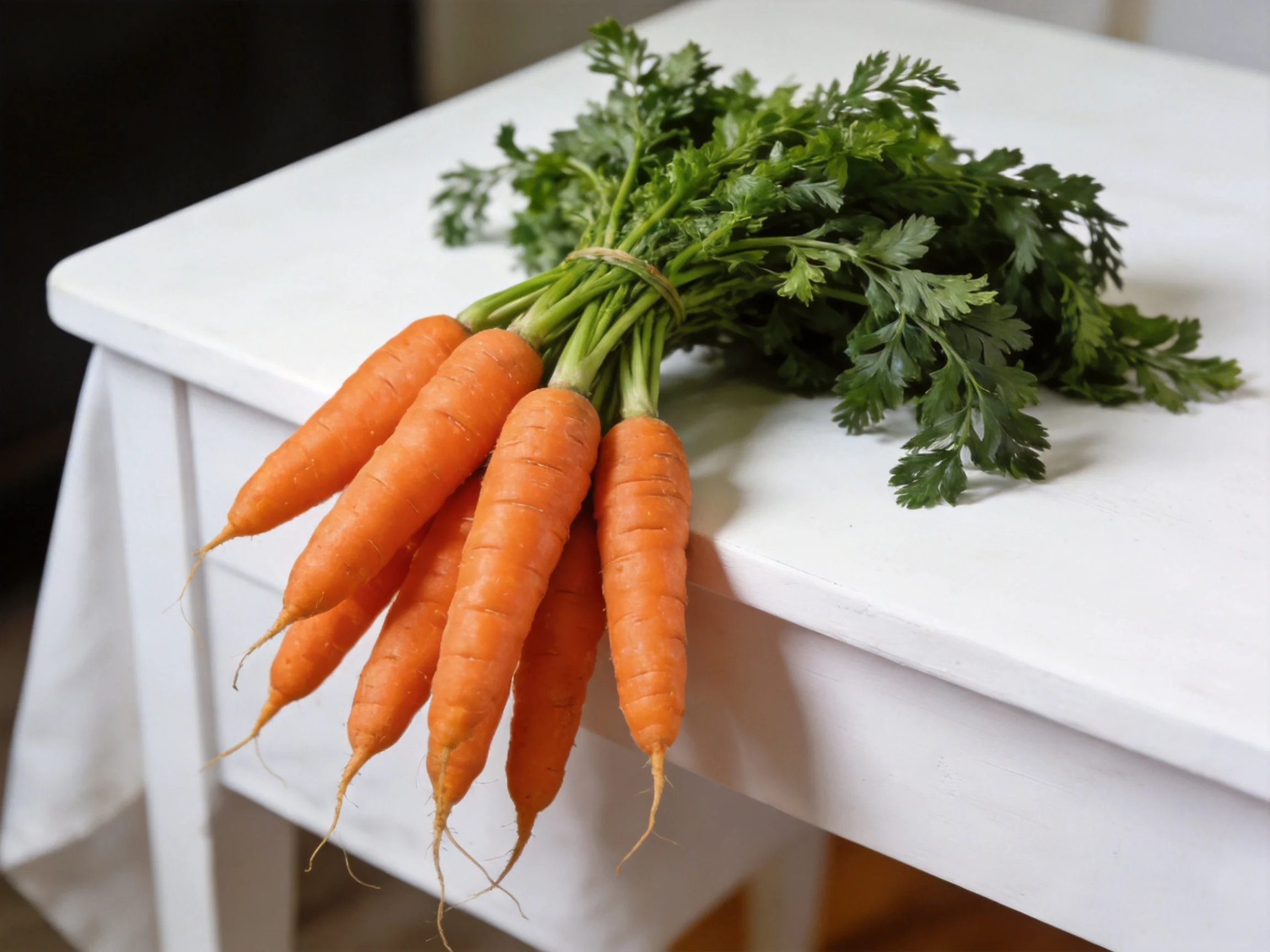 A cluster of fresh orange carrots with green tops on a white table
