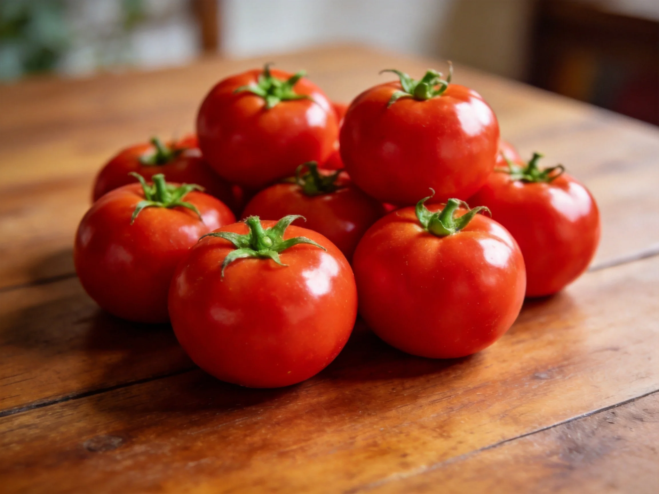 A cluster of fresh red tomatoes placed on a wooden table