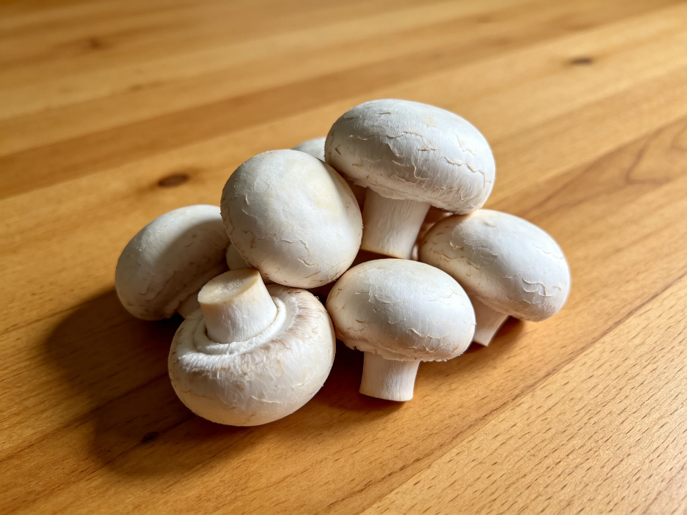 A cluster of fresh white button mushrooms arranged on a polished wooden surface