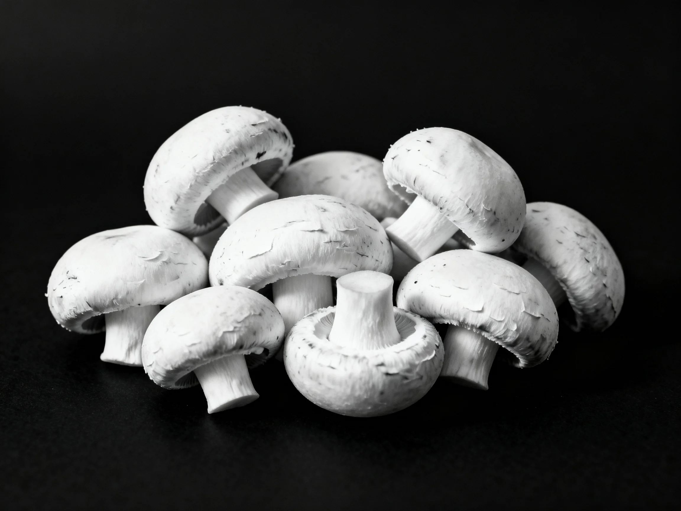 A cluster of fresh white mushrooms arranged on a dark surface