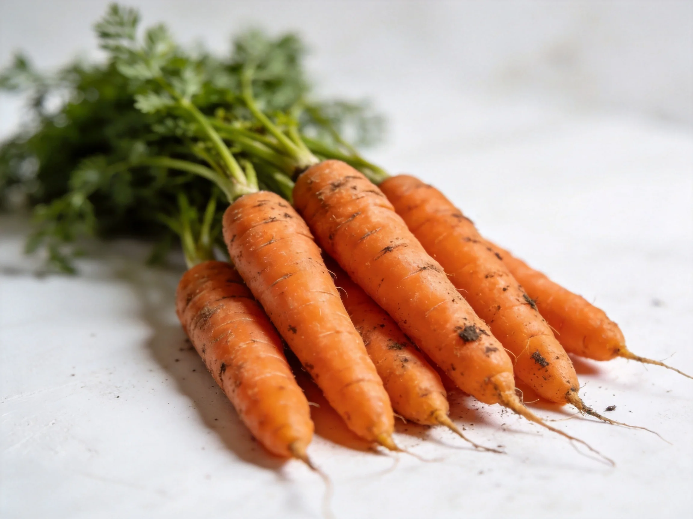 A cluster of freshly harvested carrots with soil and green tops