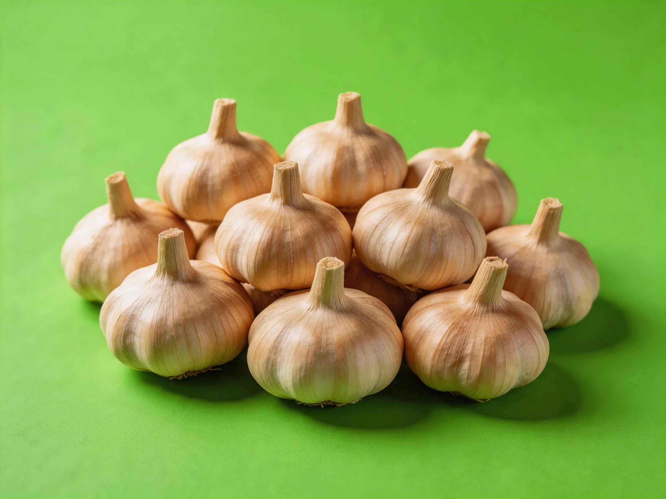 A cluster of garlic bulbs arranged on a vibrant green surface