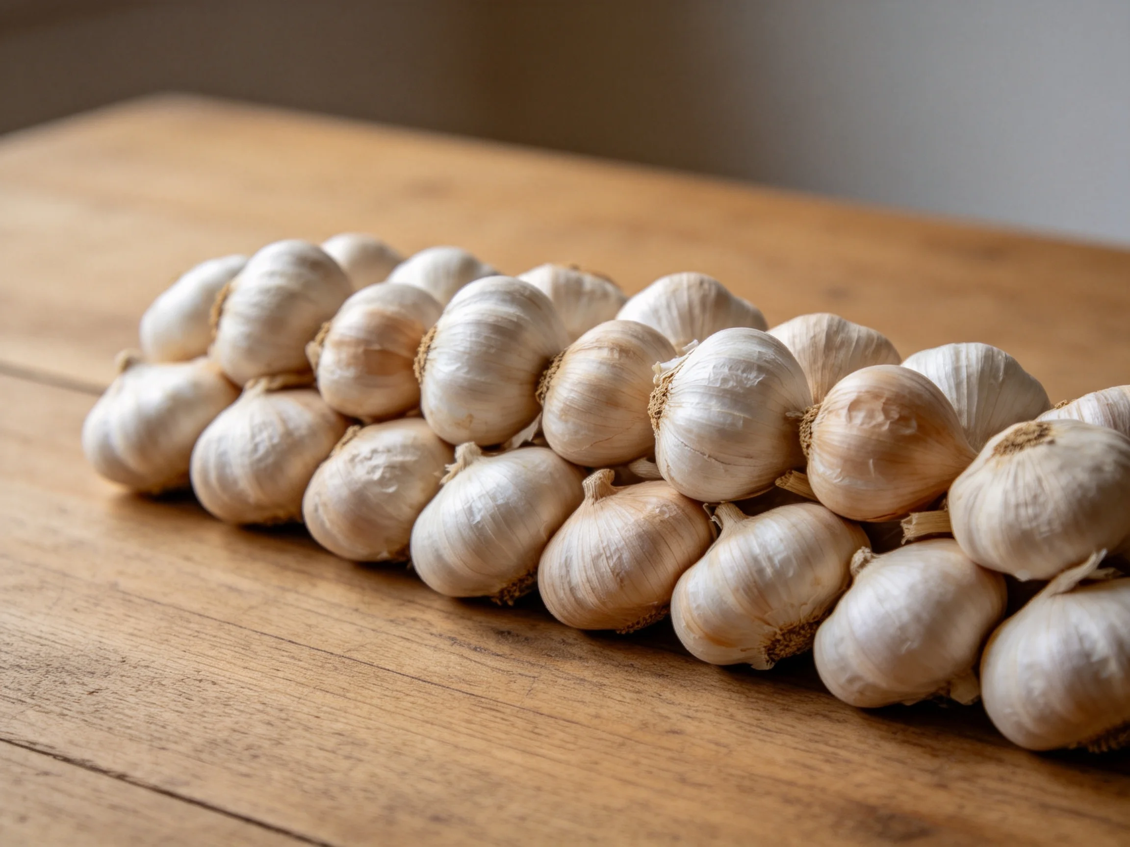 A cluster of garlic bulbs with smooth papery skins on a wooden table