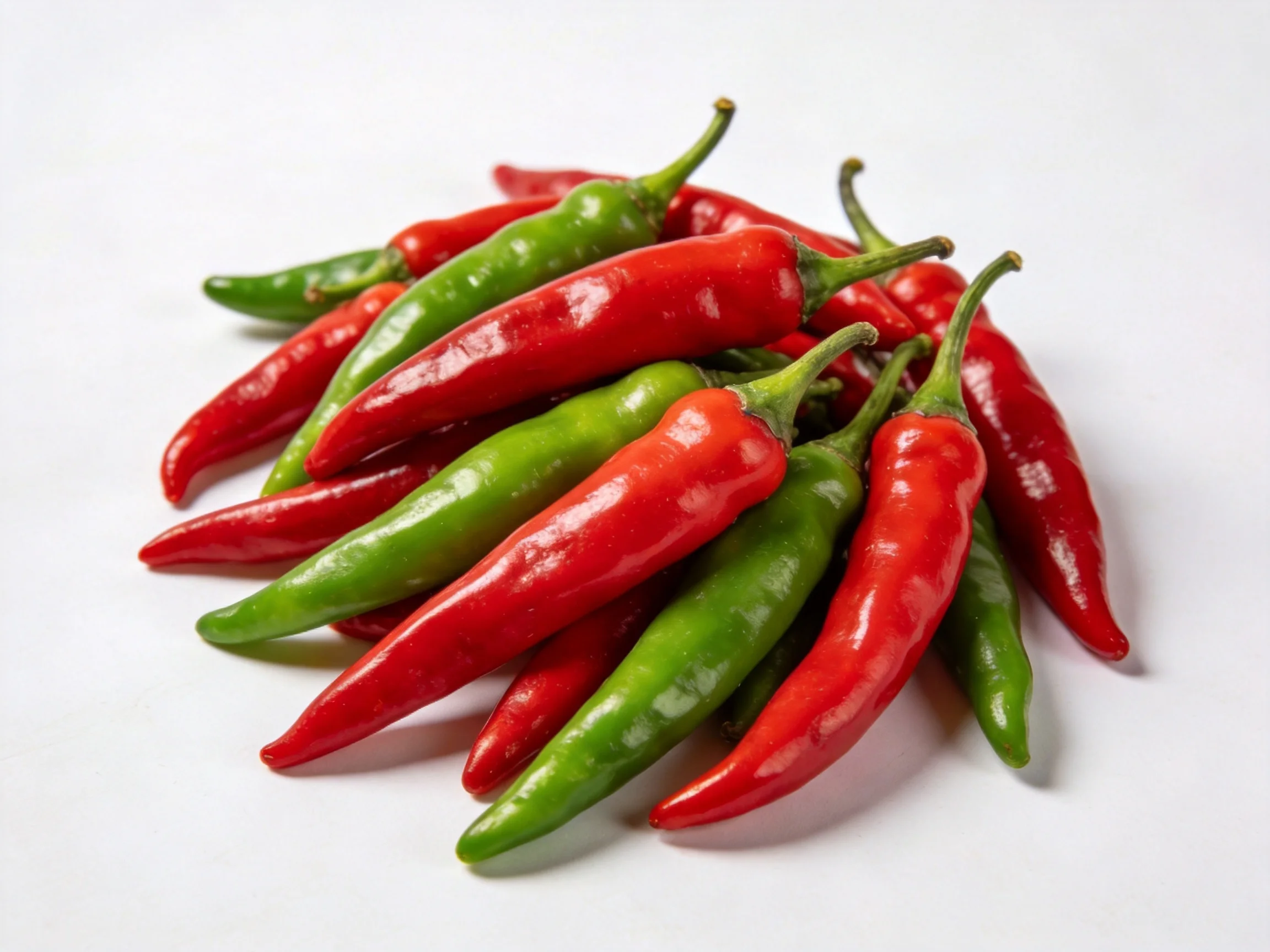 A cluster of glossy red and green chili peppers on a white surface