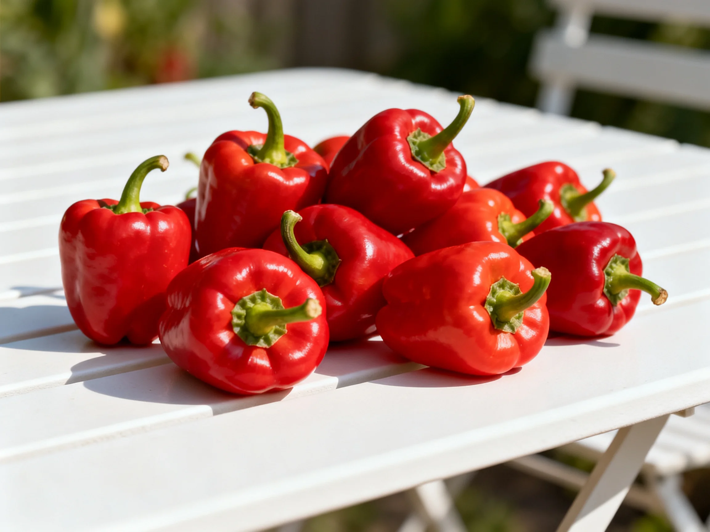 A cluster of glossy red bell peppers arranged on a white outdoor table