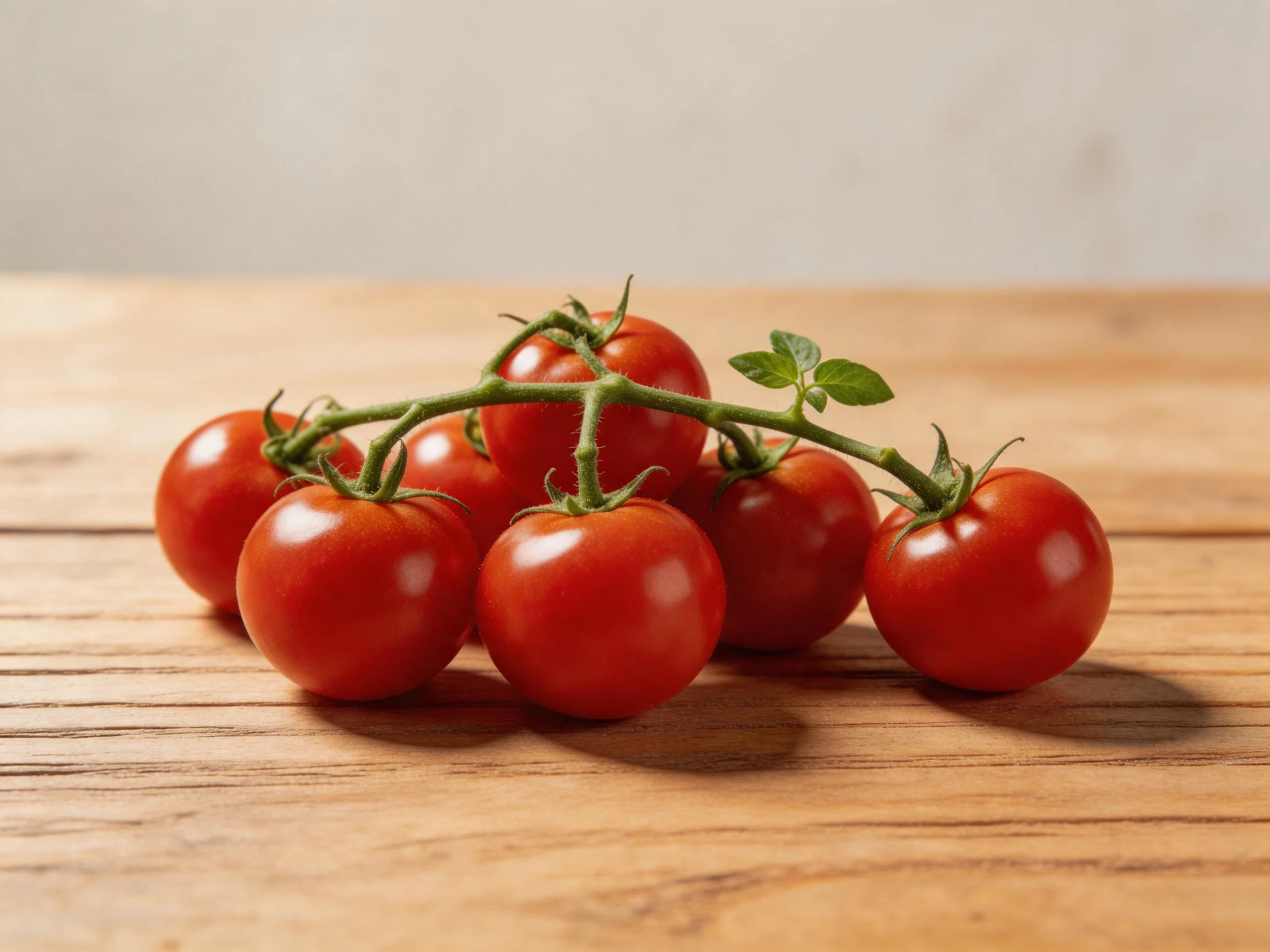 A cluster of glossy red cherry tomatoes attached to a green vine on a wooden surface