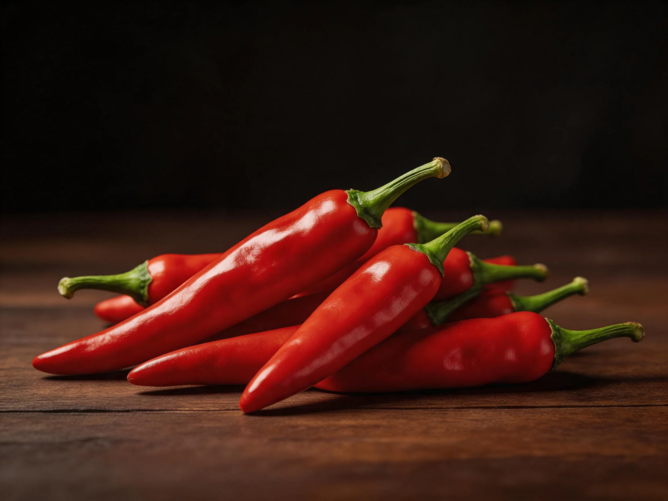A cluster of glossy red chili peppers on a dark wooden surface