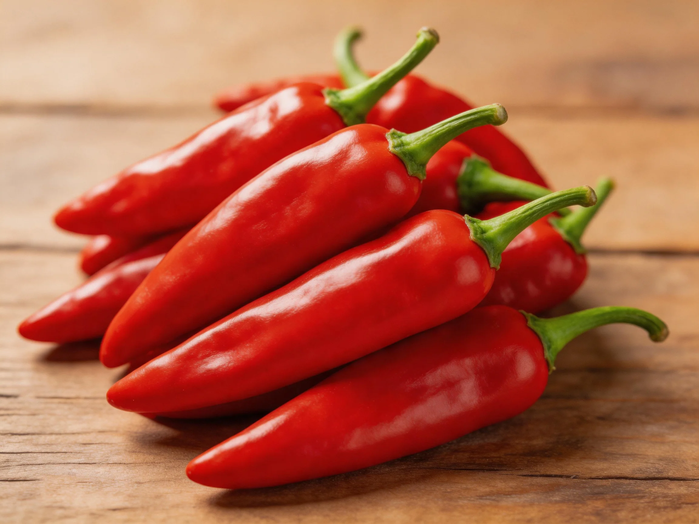 A cluster of glossy red chili peppers on a wooden surface