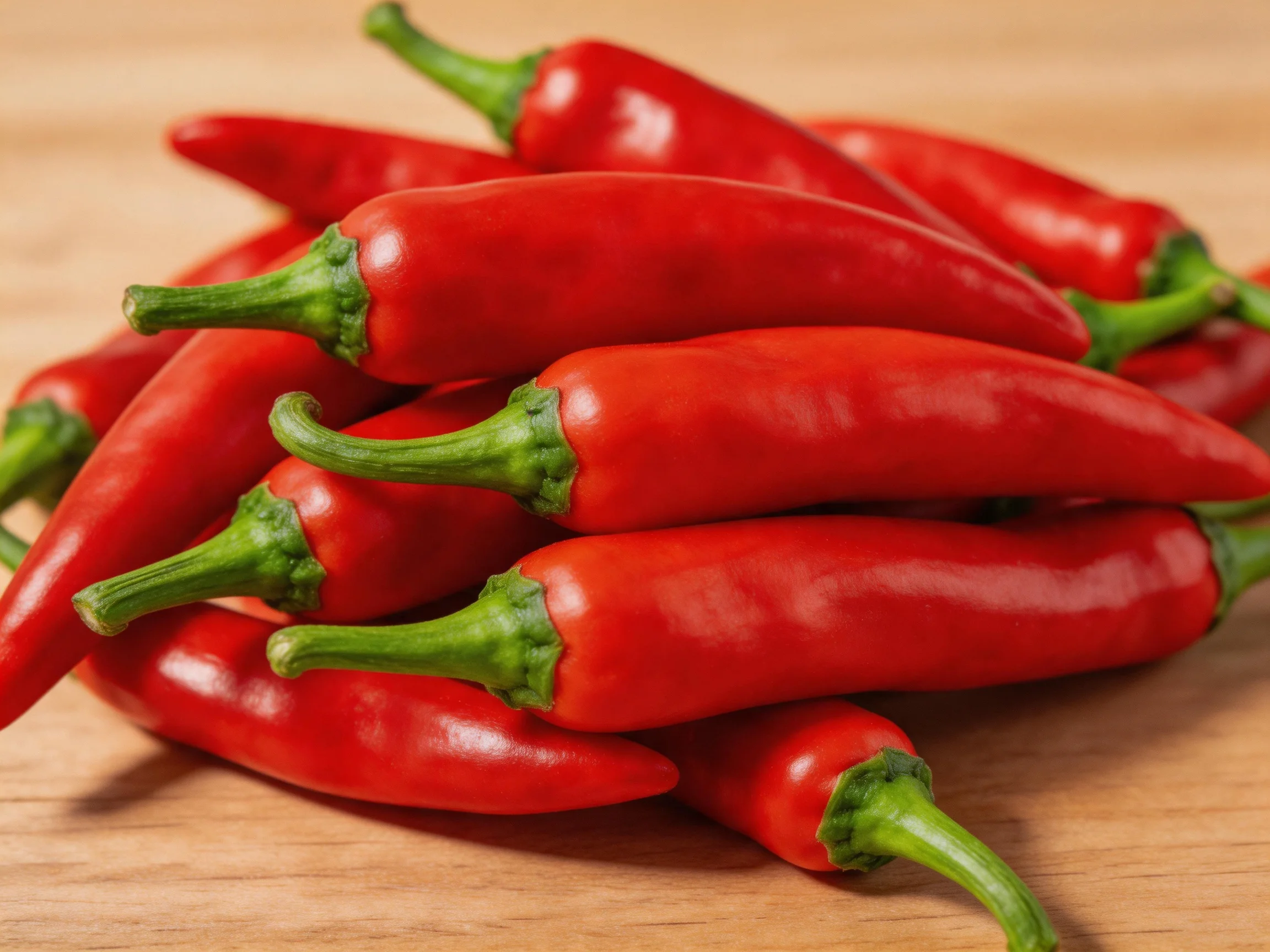 A cluster of glossy red chili peppers with green stems on a wooden board