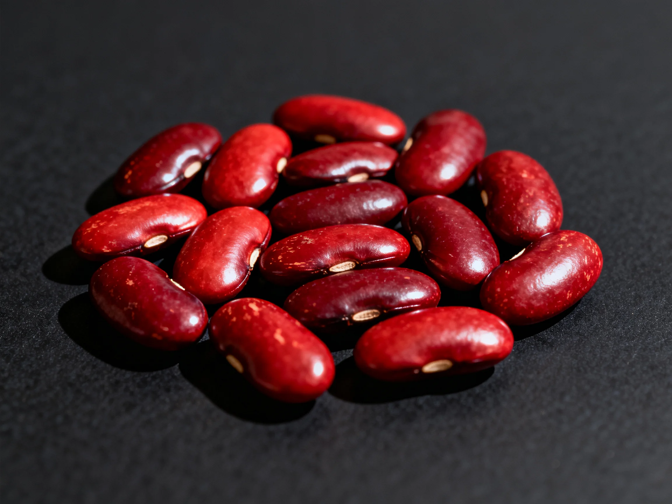 A cluster of glossy red kidneybeans on a dark surface