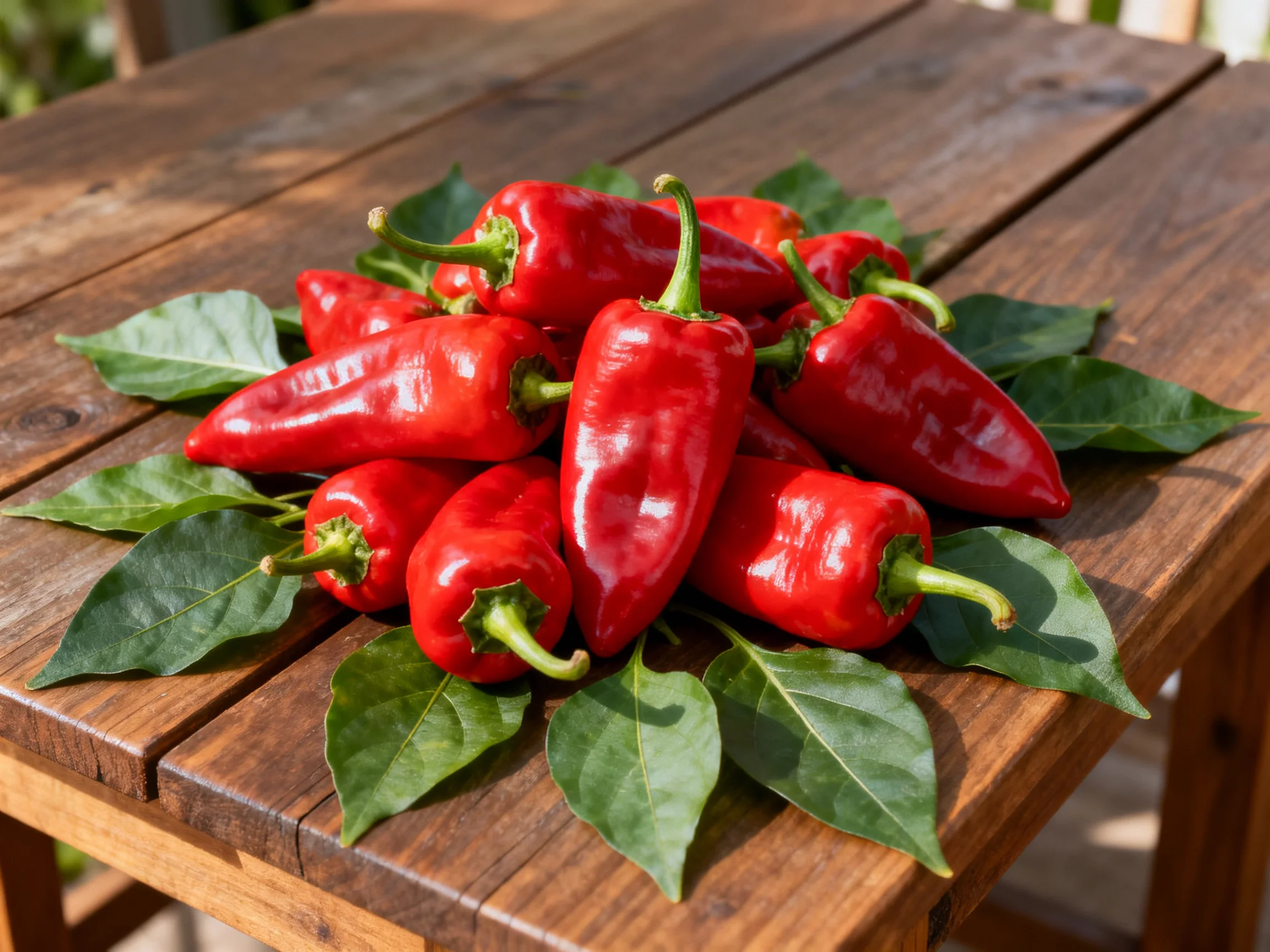 A cluster of glossy red peppers rests on green leaves atop a wooden table.