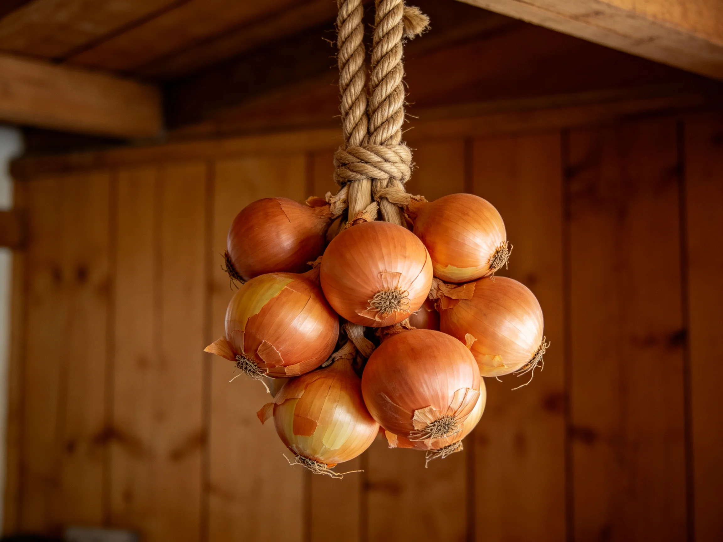 A cluster of golden-brown onions suspended by a thick rope in a wooden interior
