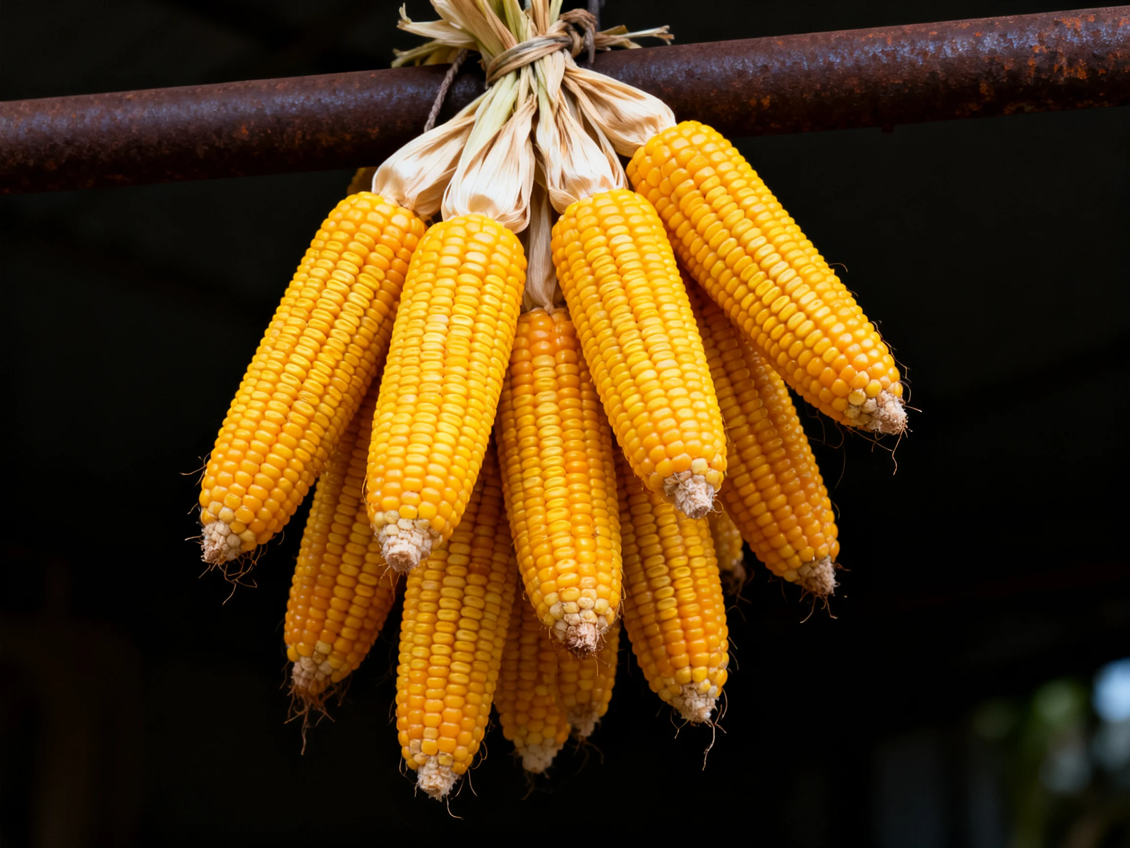 A cluster of golden corn cobs tied on a rusted metal bar