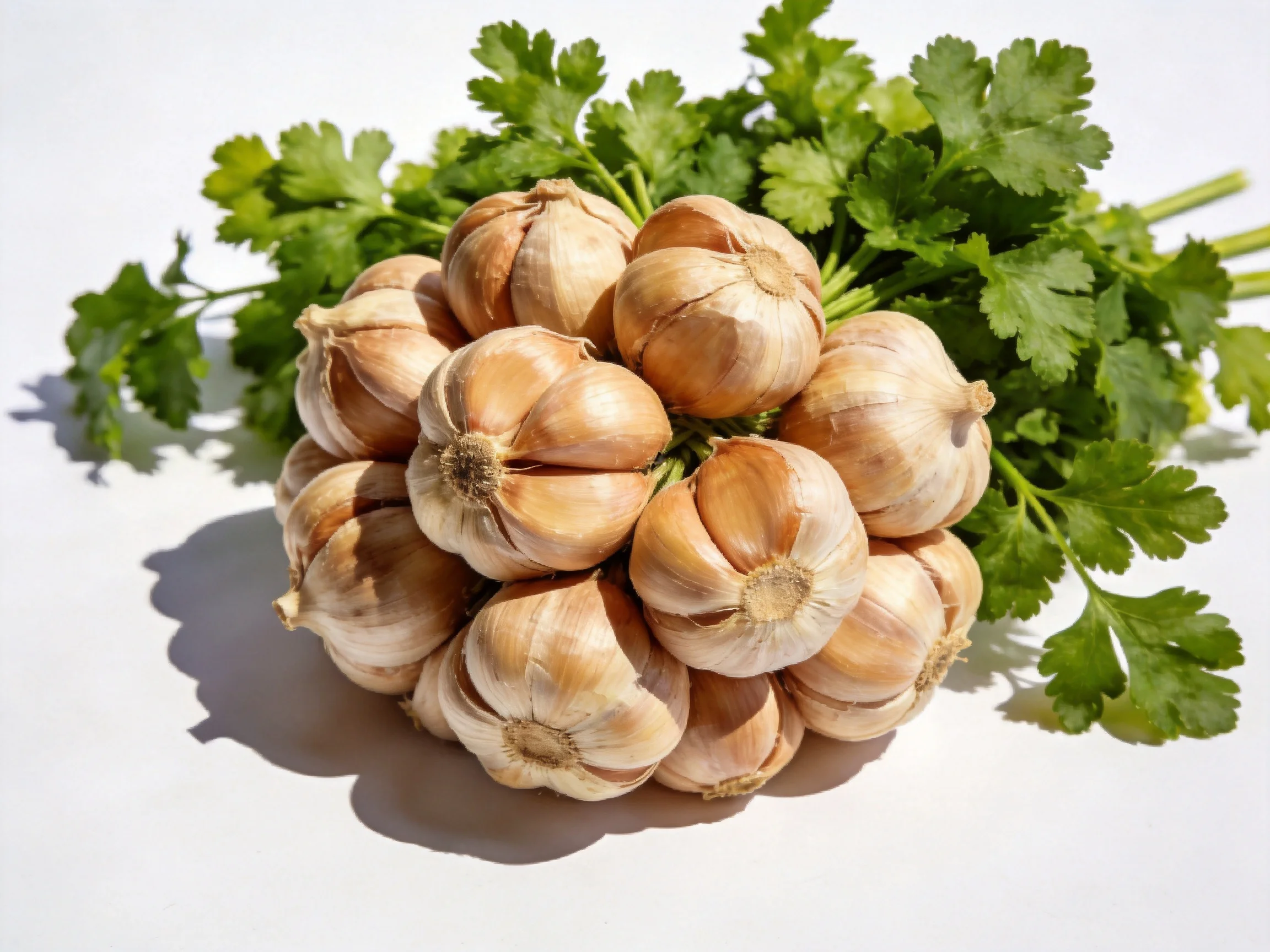 A cluster of golden garlic bulbs accompanied by vibrant green parsley leaves