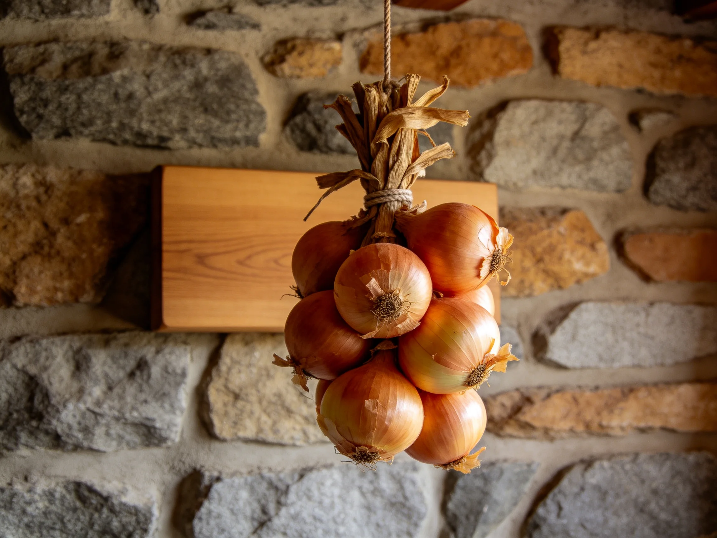 A cluster of golden onions tied together hangs from a rope beside a stone wall