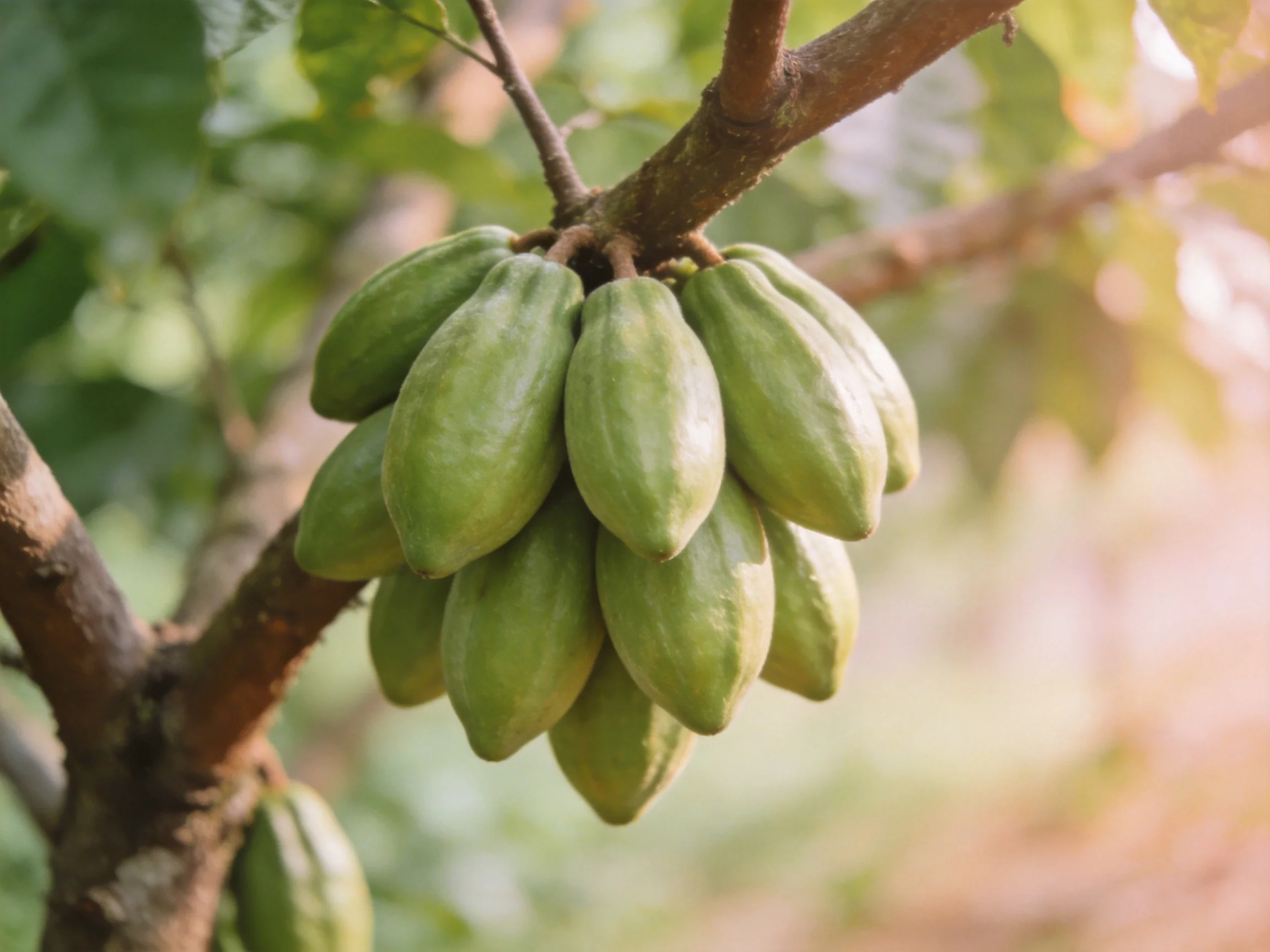 A cluster of green cocoa pods grows on a brown tree branch